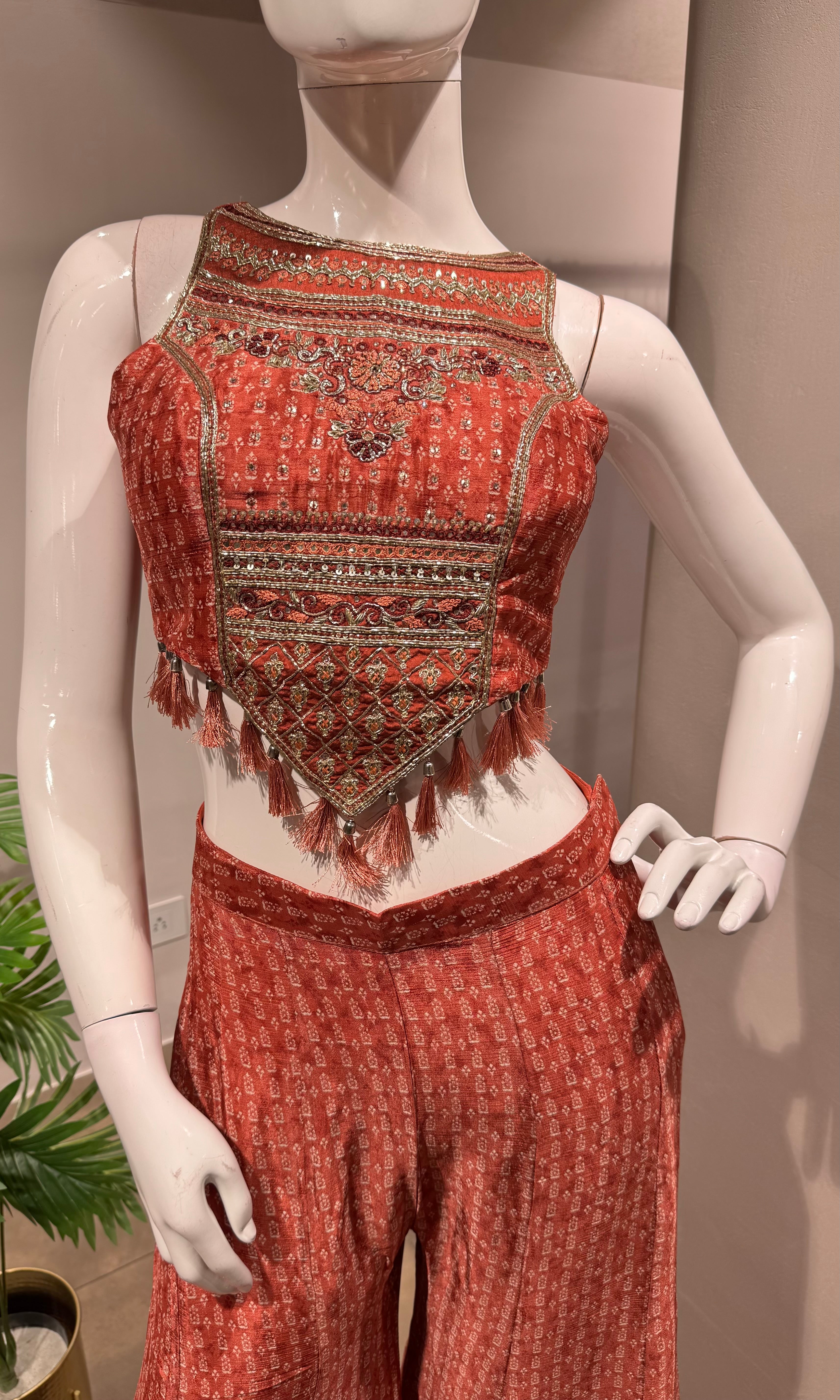 RUST EMBELLISHED BLOUSE WITH PLAZZO PANTS