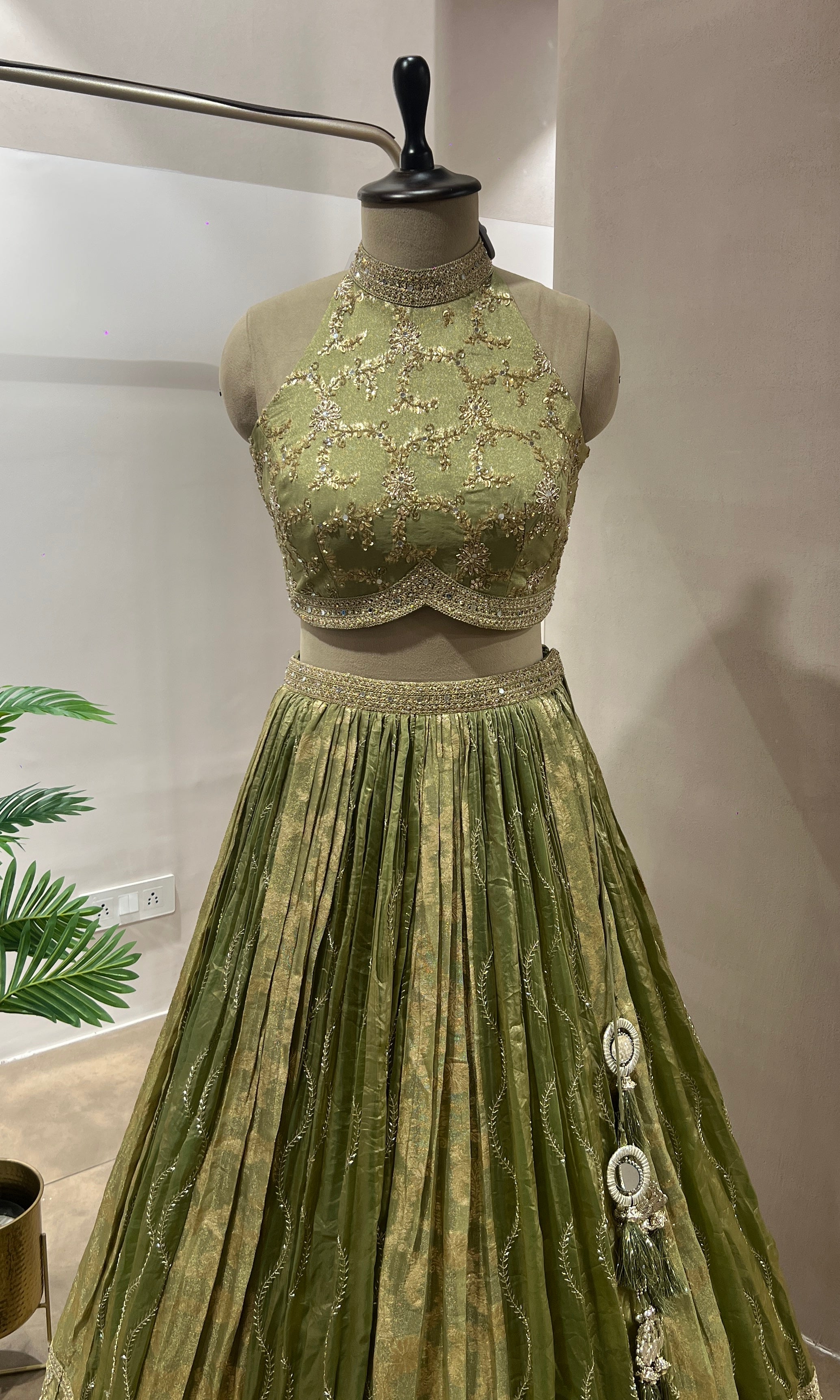 Green GOLDEN LEHENGA WITH HALTER NECK BLOUSE