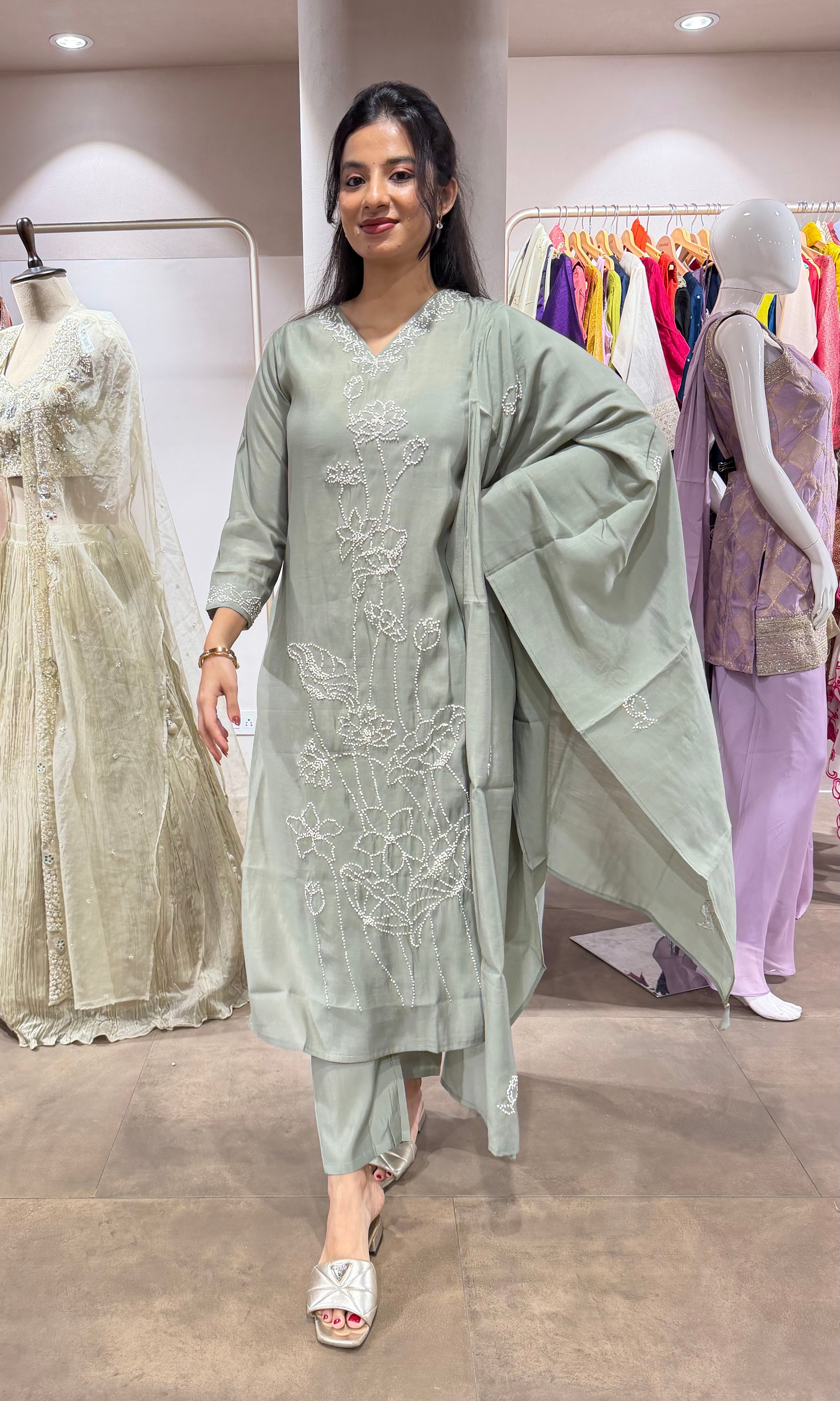 LIGHT Green Floral Embroidered KURTA SET
