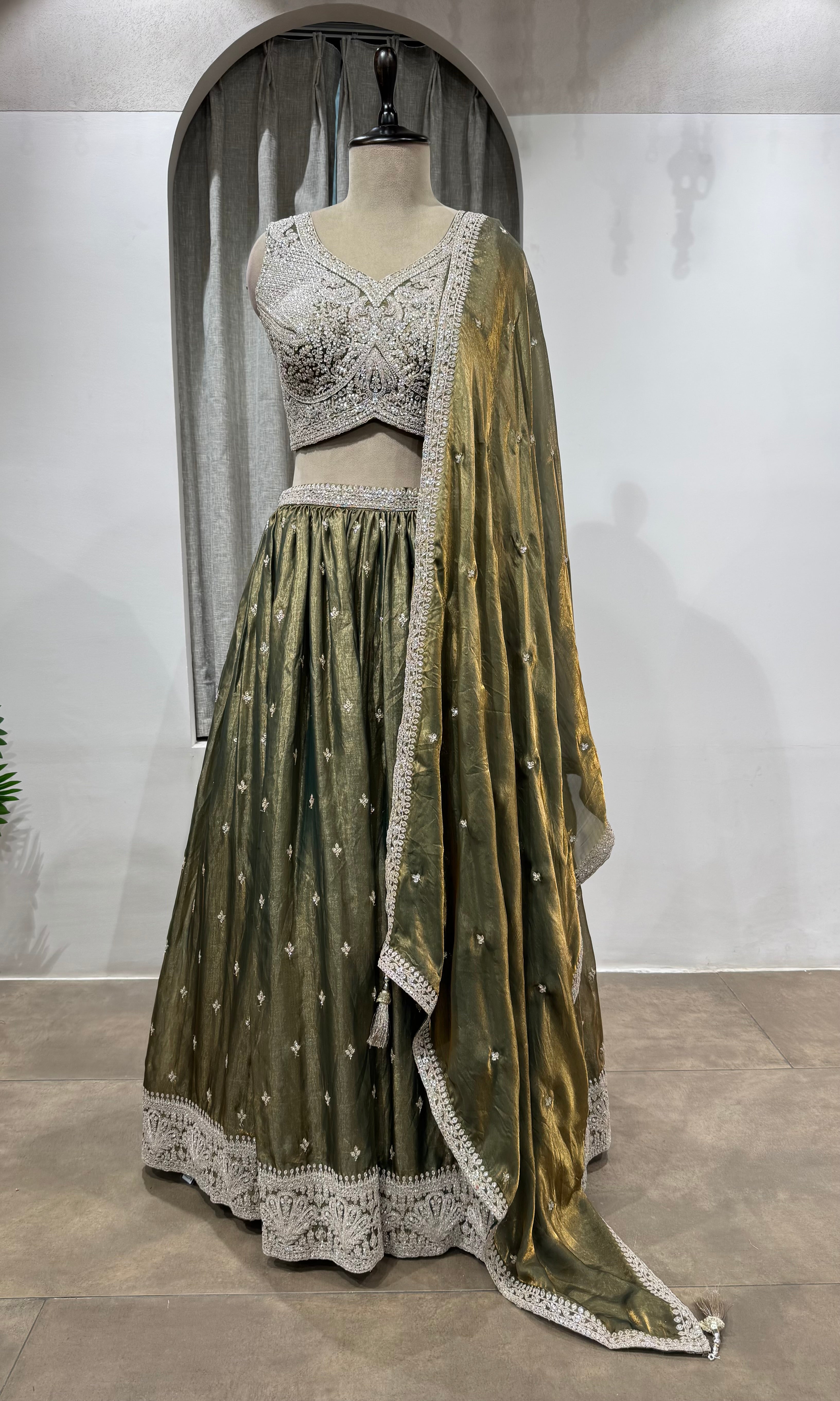 Green Shimmer Silk Lehenga with Silver Embroidery