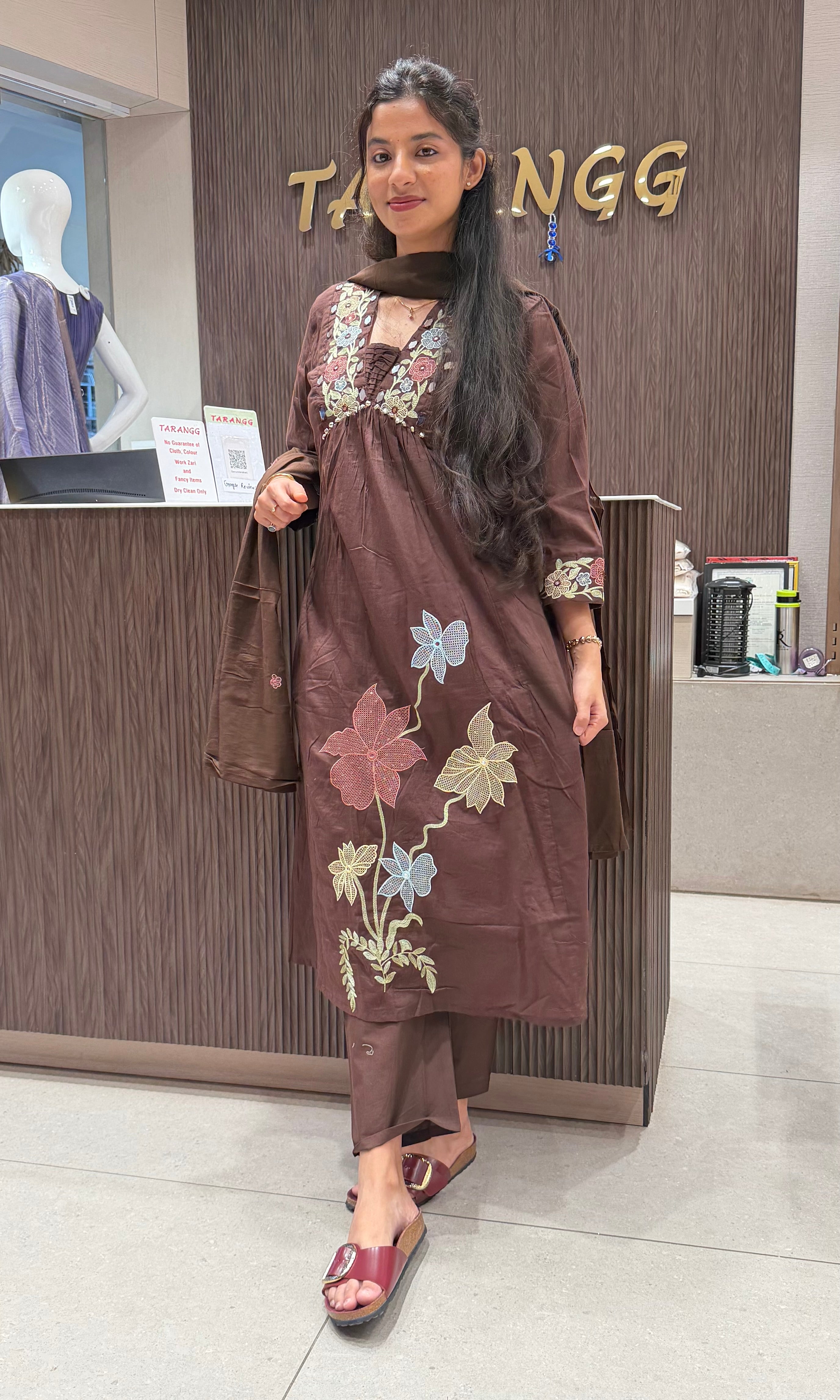 Brown Floral Embroidered Kurta set