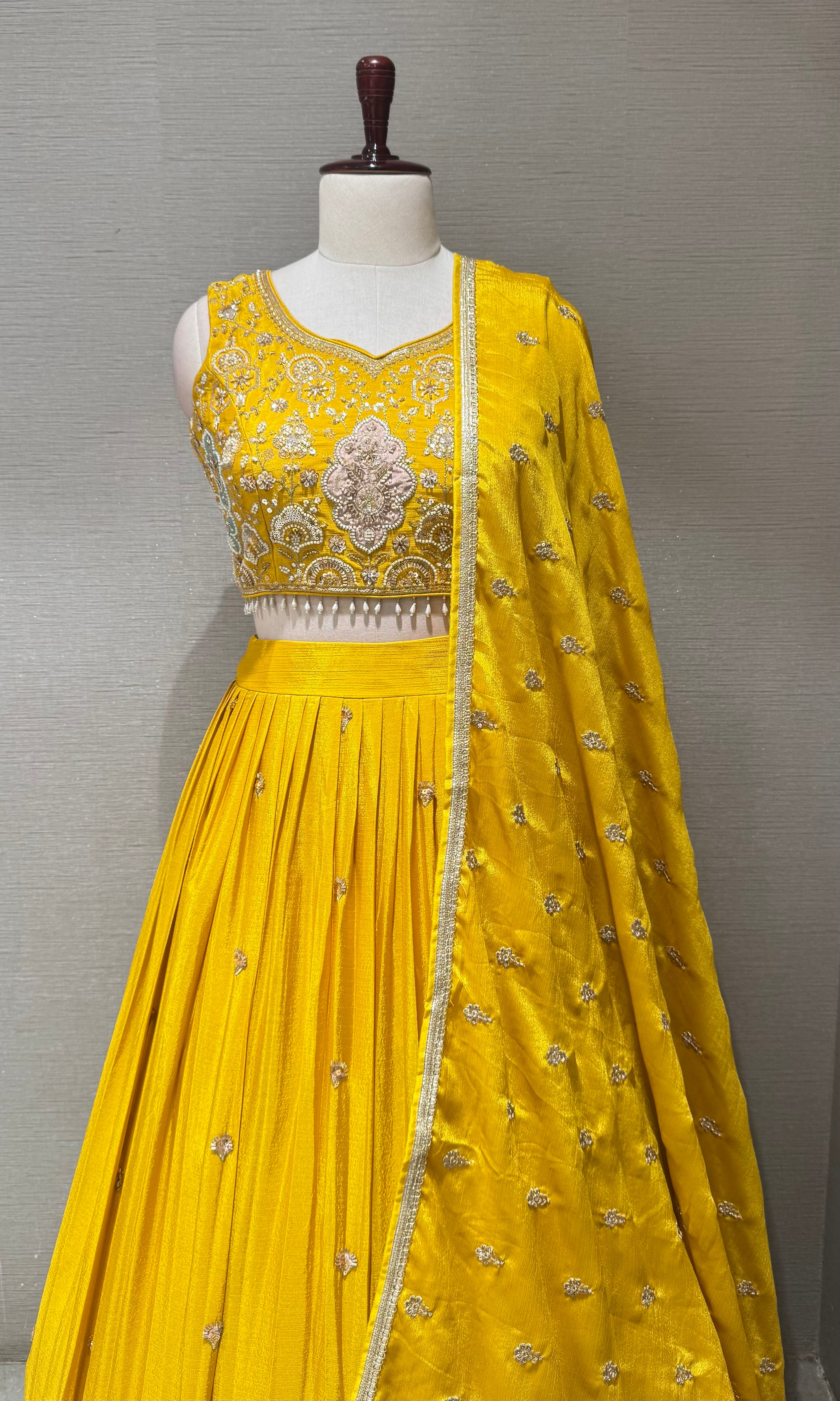 Yellow Tissue silk Lehenga with Multi Floral border