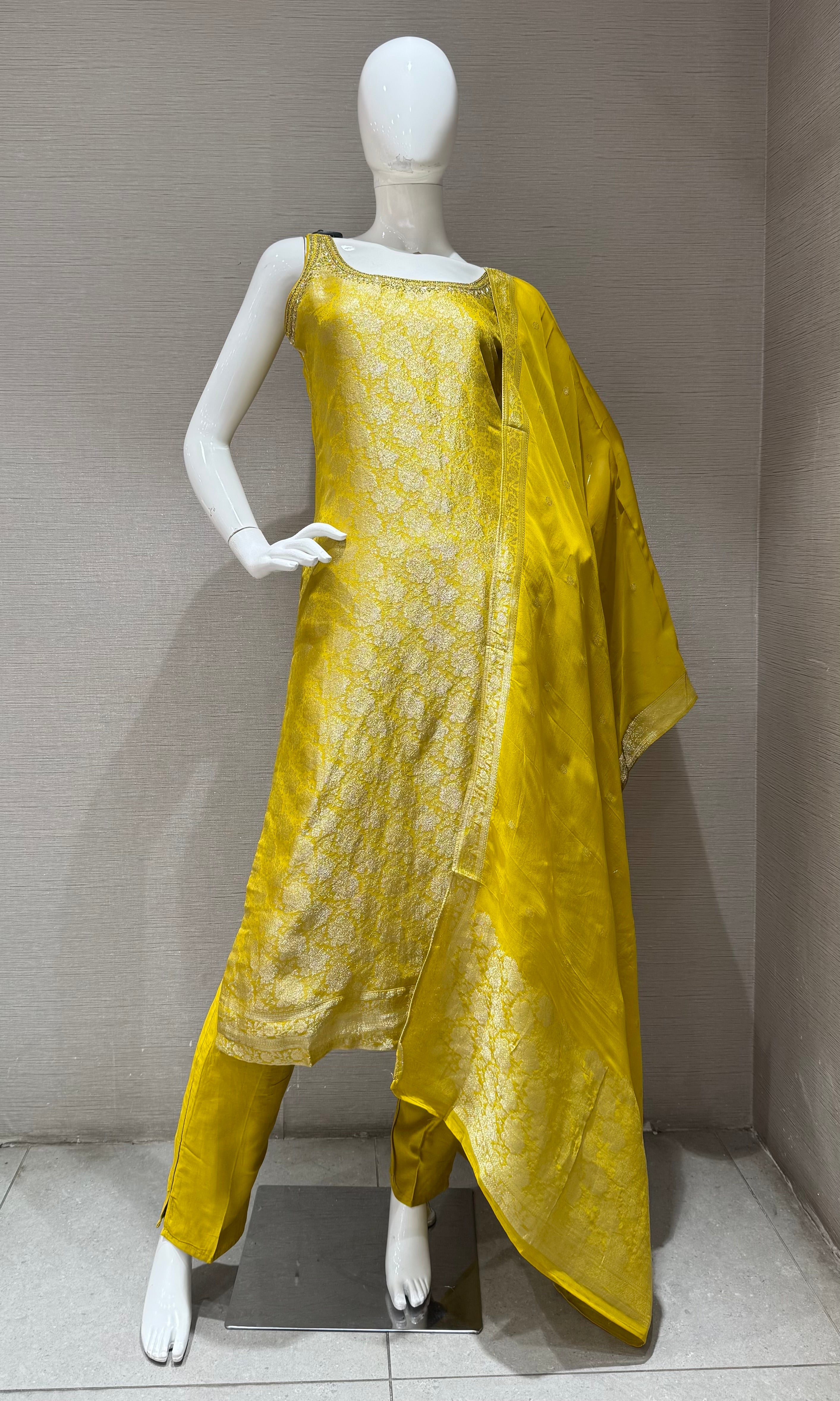 yellow banarasi Silk KURTA SET