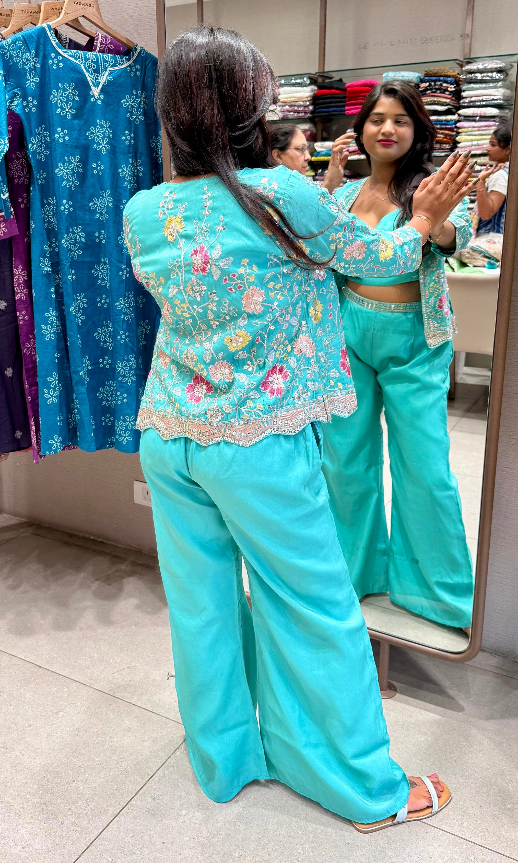 Blue Embroidered Jacket and Palazzo Set