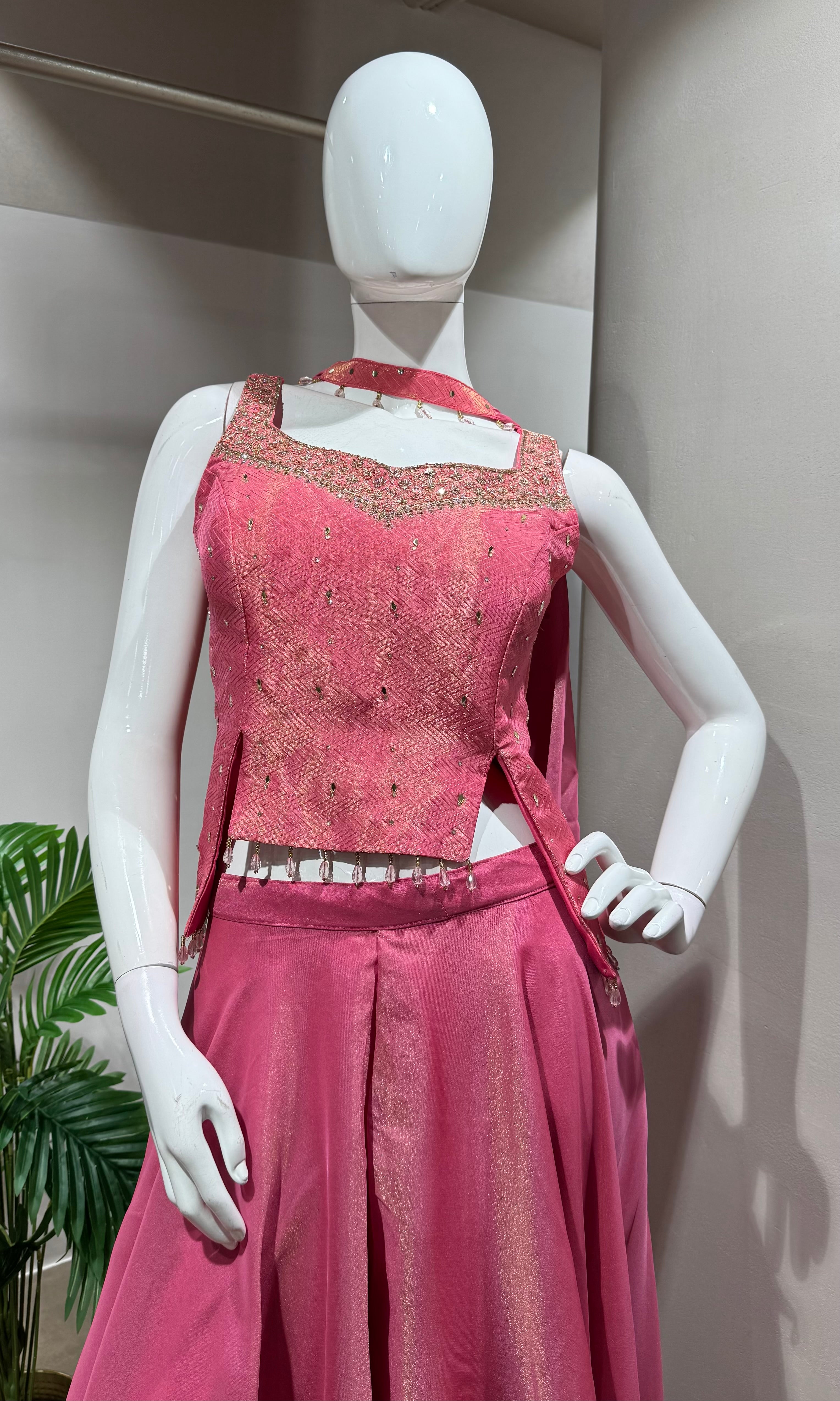 Pink Embellished Crop Top & Palazzo Set