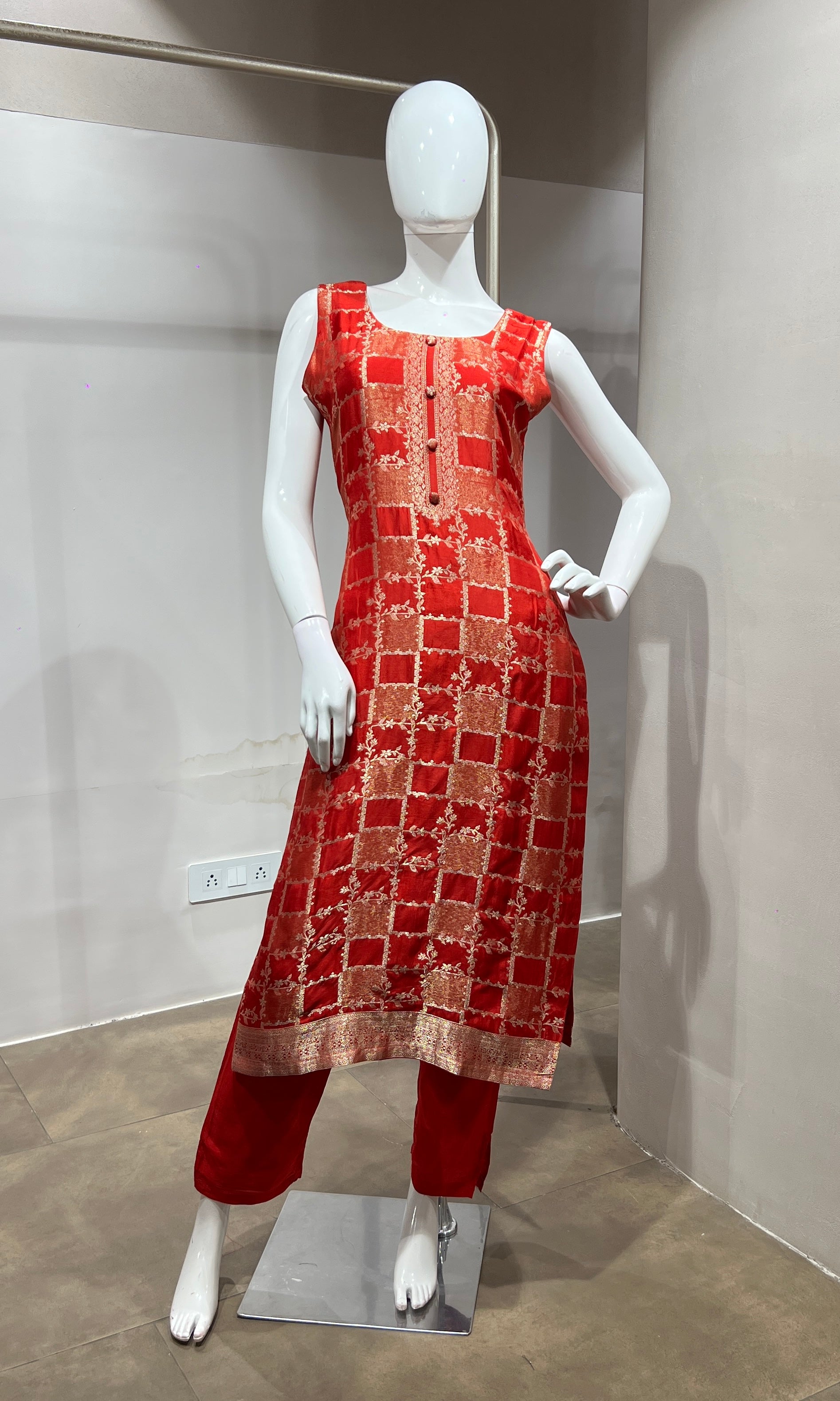 red Silk Embroidered Zari Kurta Set