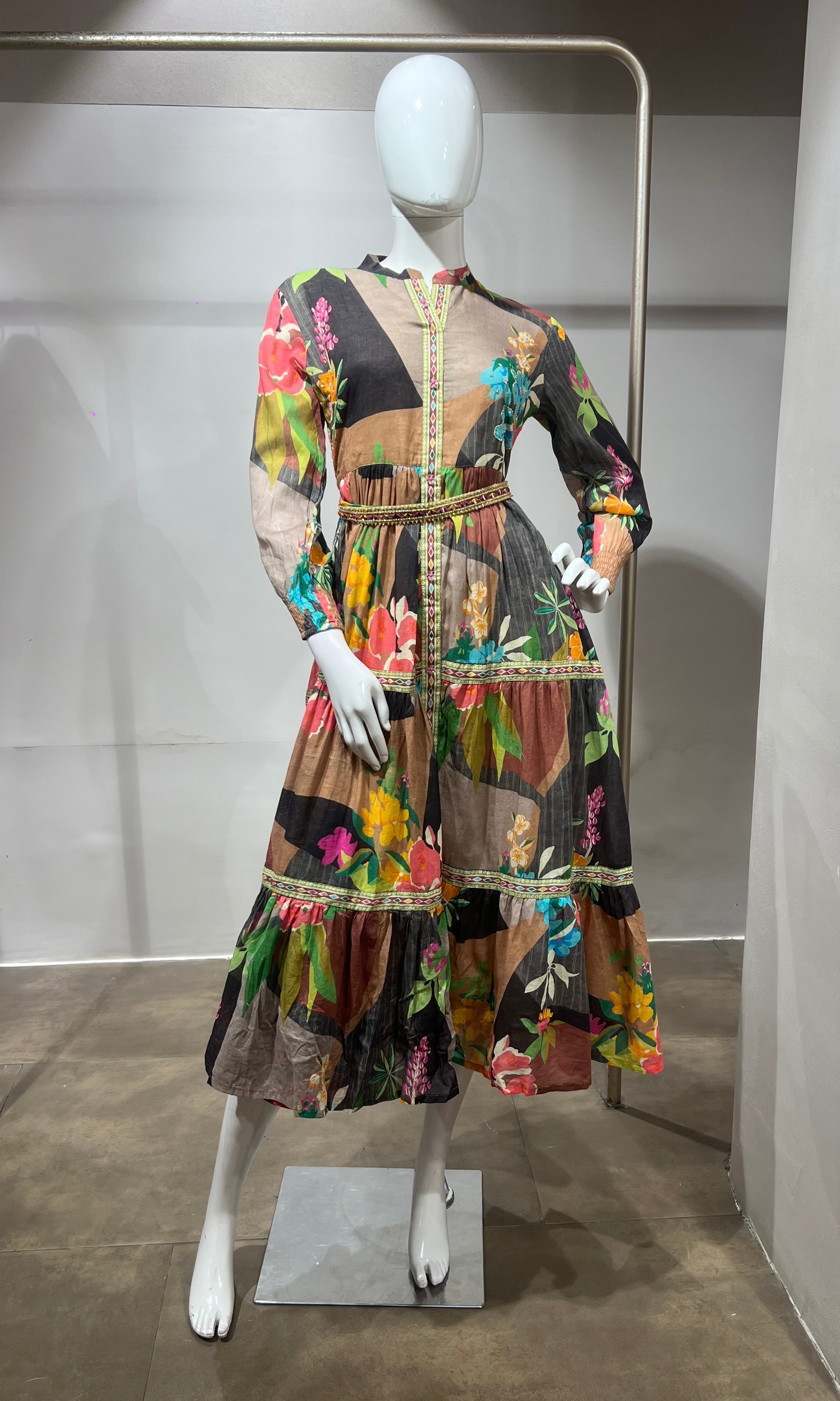 Green Multi Abstract Print Long Sleeve Frock