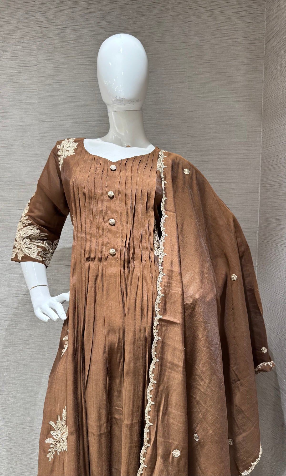 Brown Floral Mul Chenderi Kurta set with Dupatta