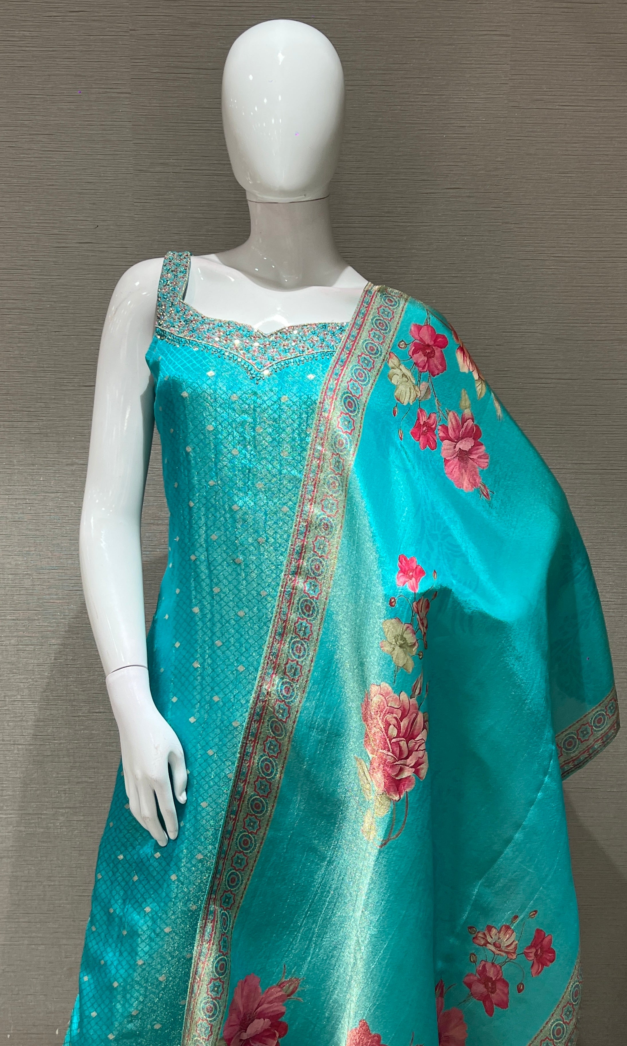 Sea blue kurta set with floral printed dupatta
