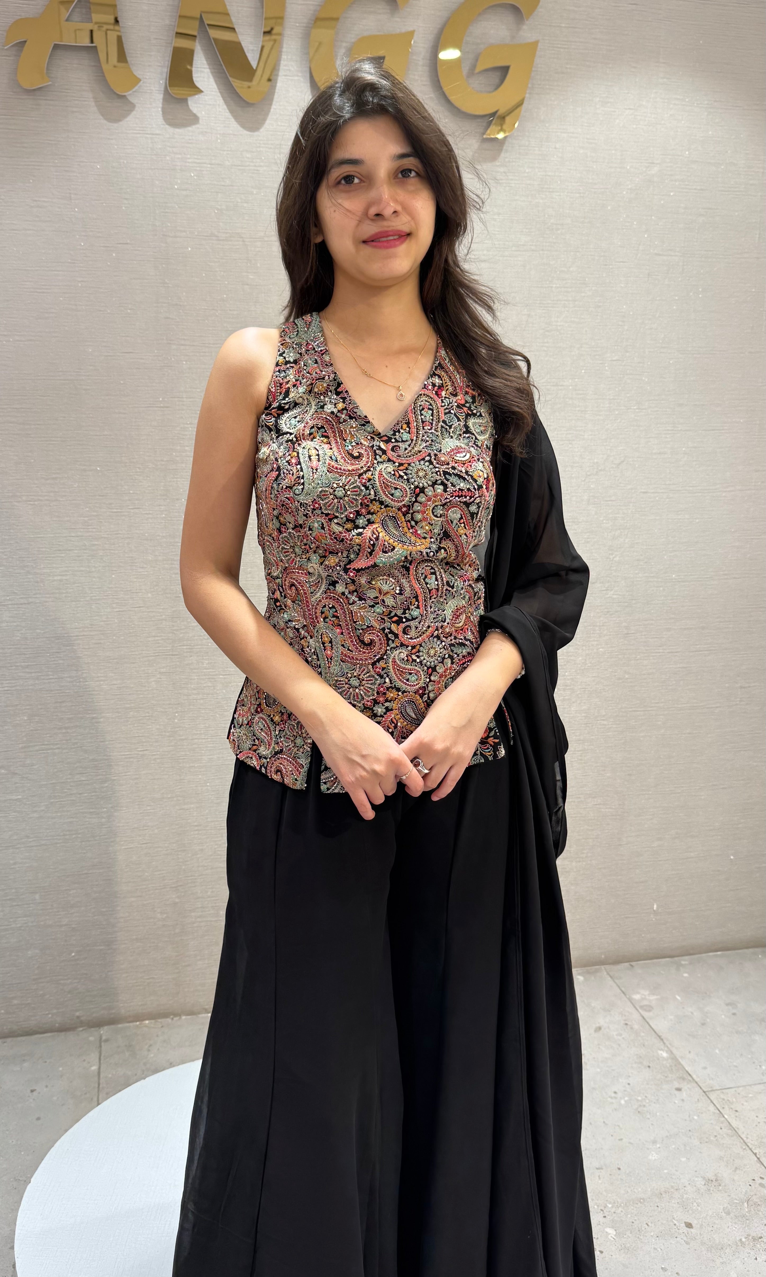 Black Floral Print Peplum palazzo set