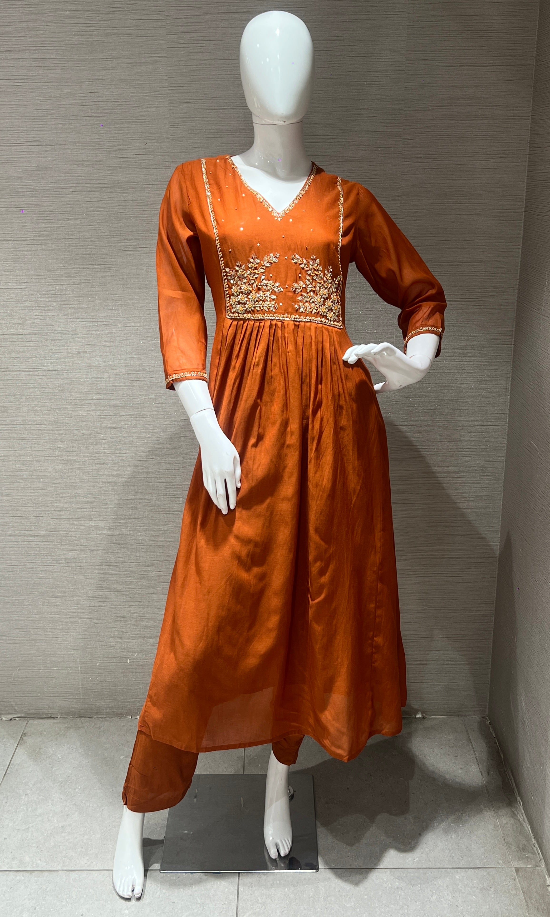 Rust orange Mul Chanderi kurta set