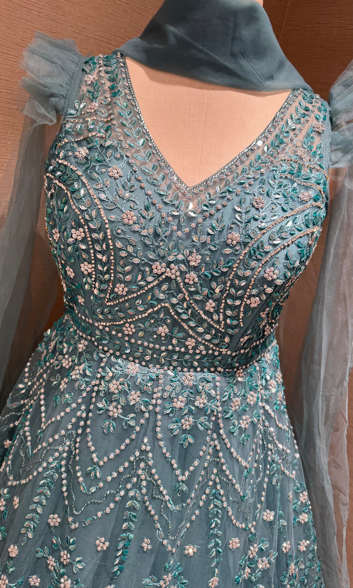 Sage Green Floral Embellished Tulle Ball Gown