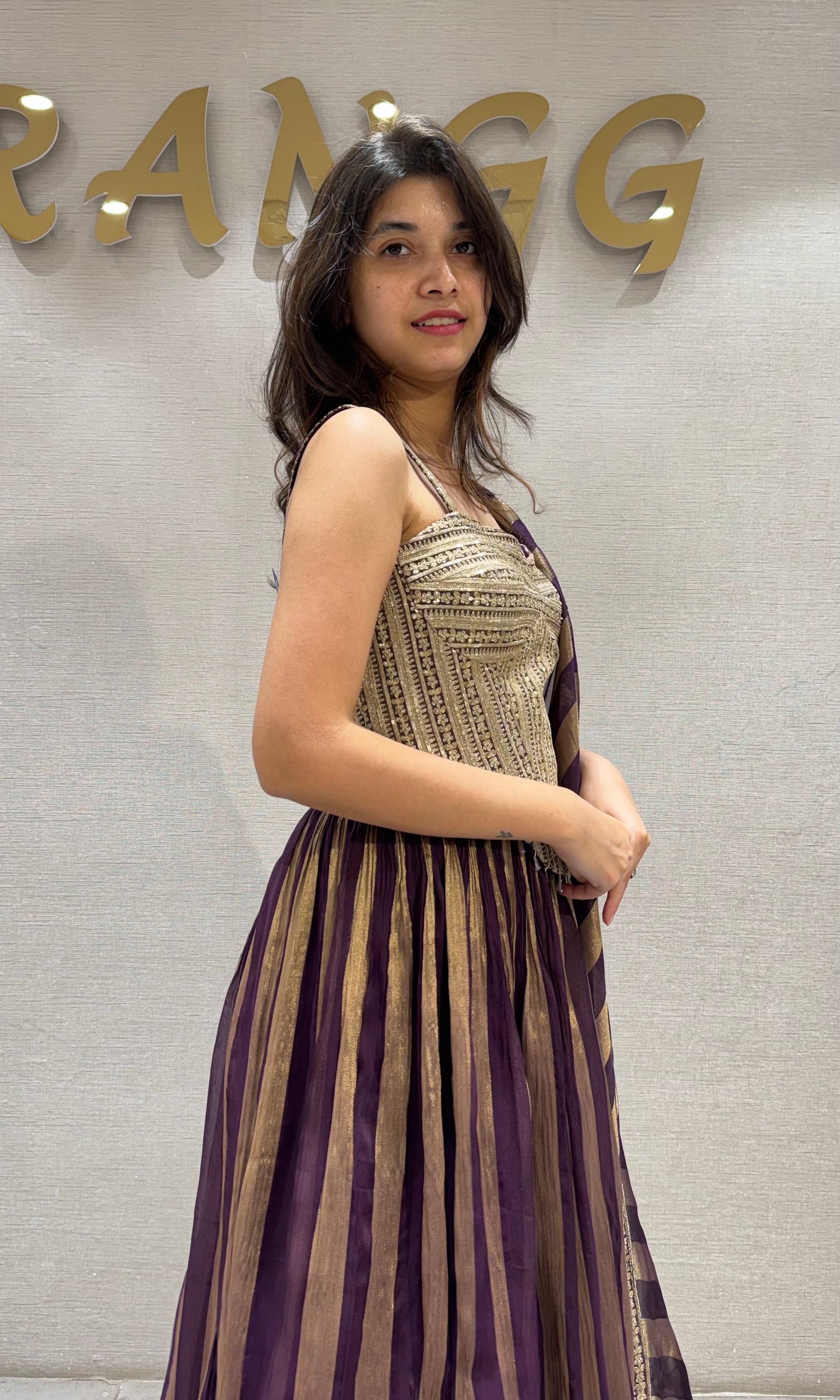 Wine & Gold Striped Corset Lehenga Set