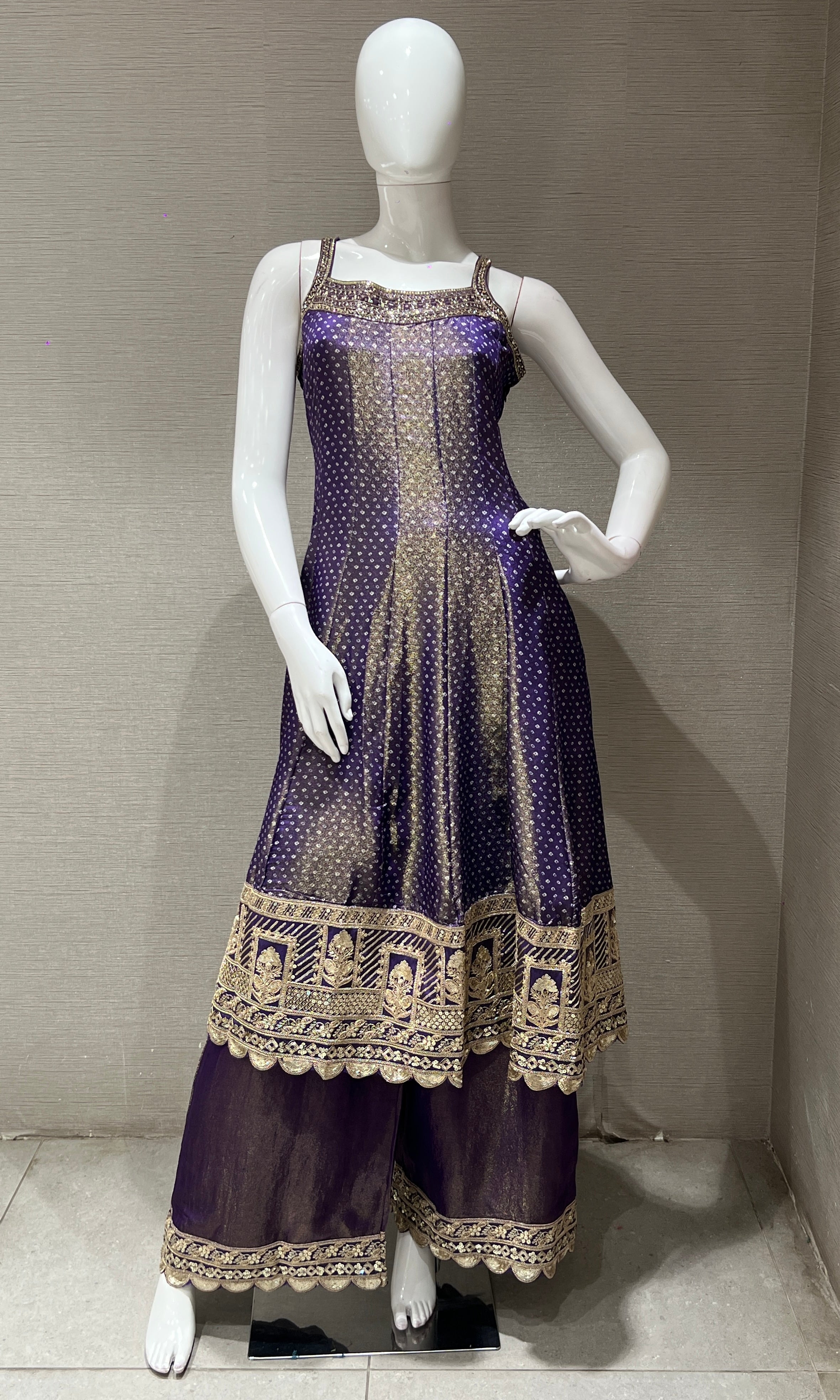 Purple Embroidered Sharara Set with Golden Stripes Dupatta