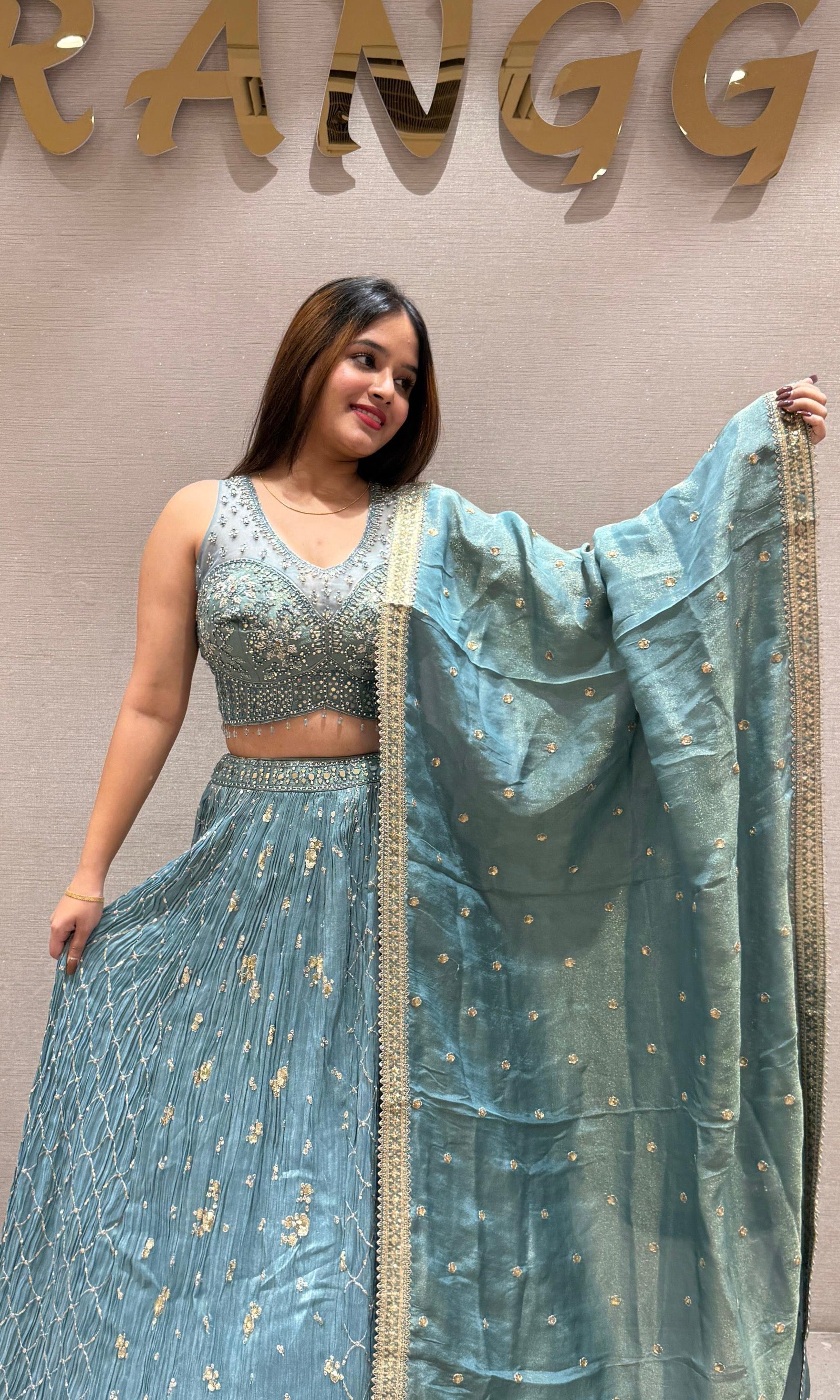Blue tissue gold embroidered lehenga