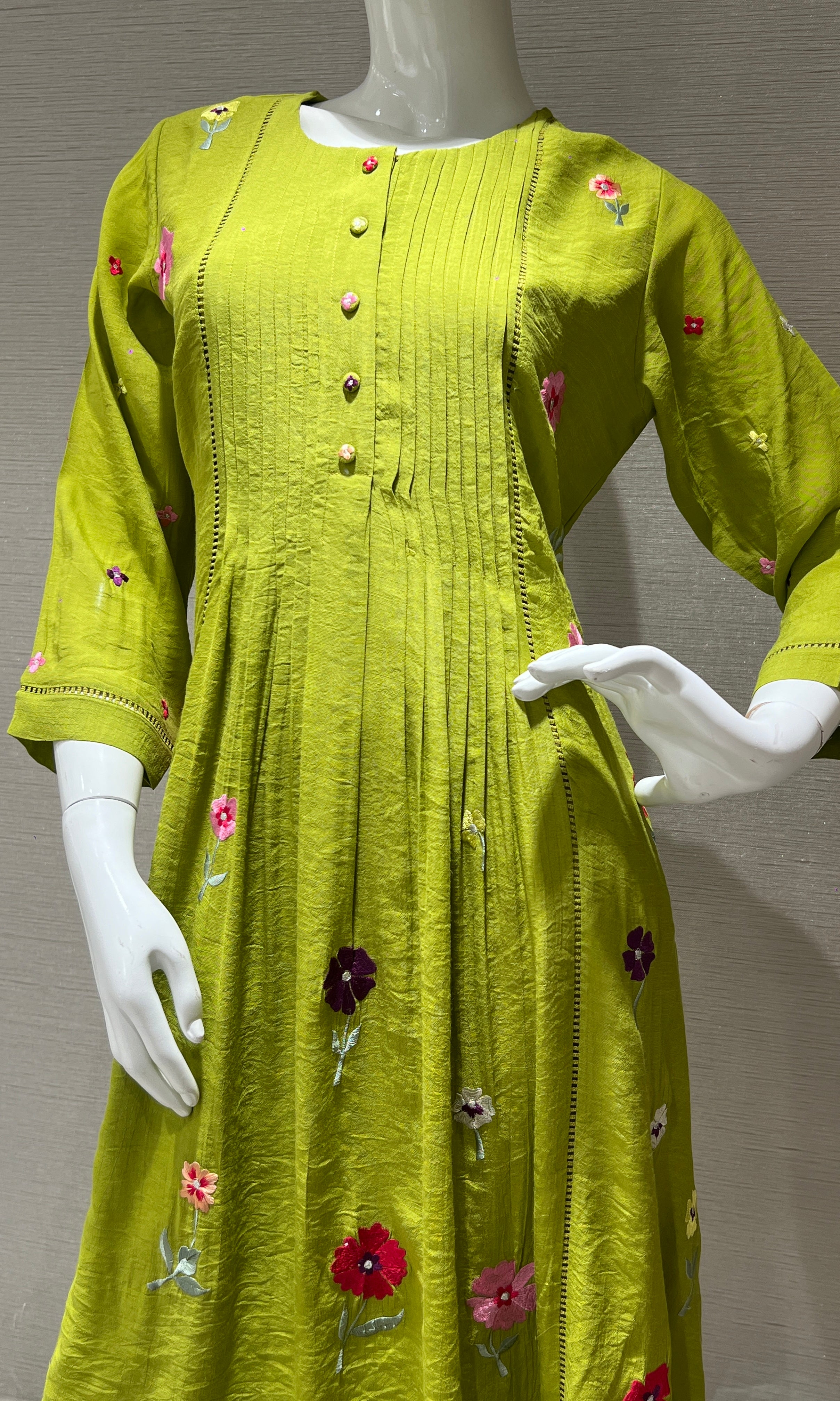 Green Floral embroidery A- Line top