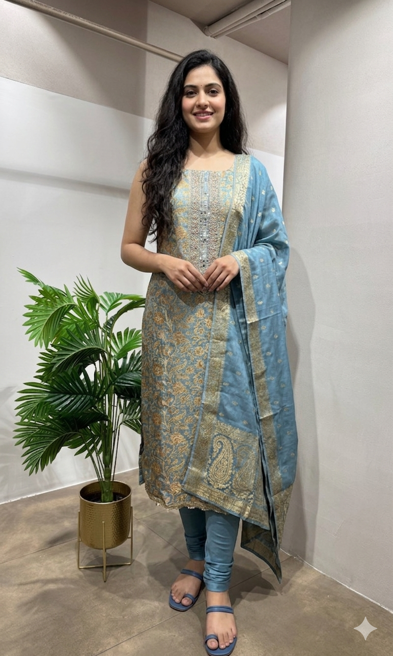 SKY BLUE BANARASI SILK DRESS MATERIAL