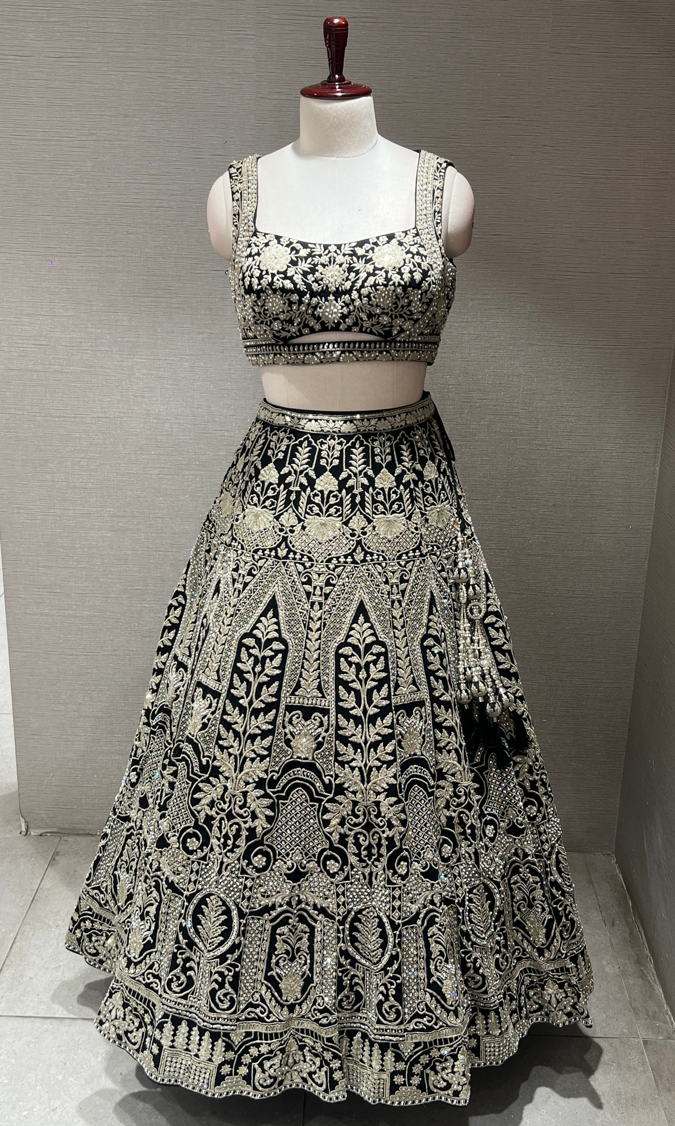 Black lehenga with intricate embroidered