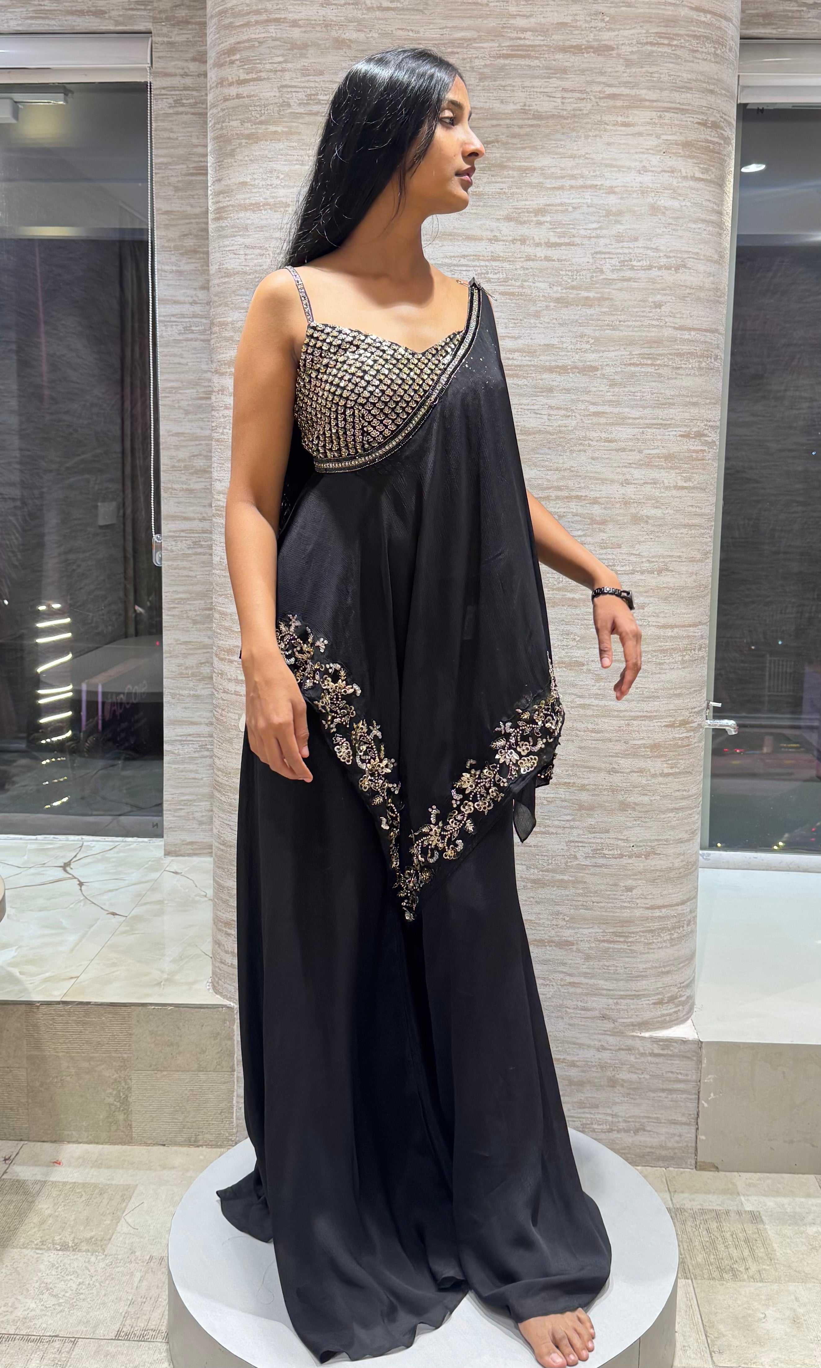 Black gold sharara with asymmetrical blouse