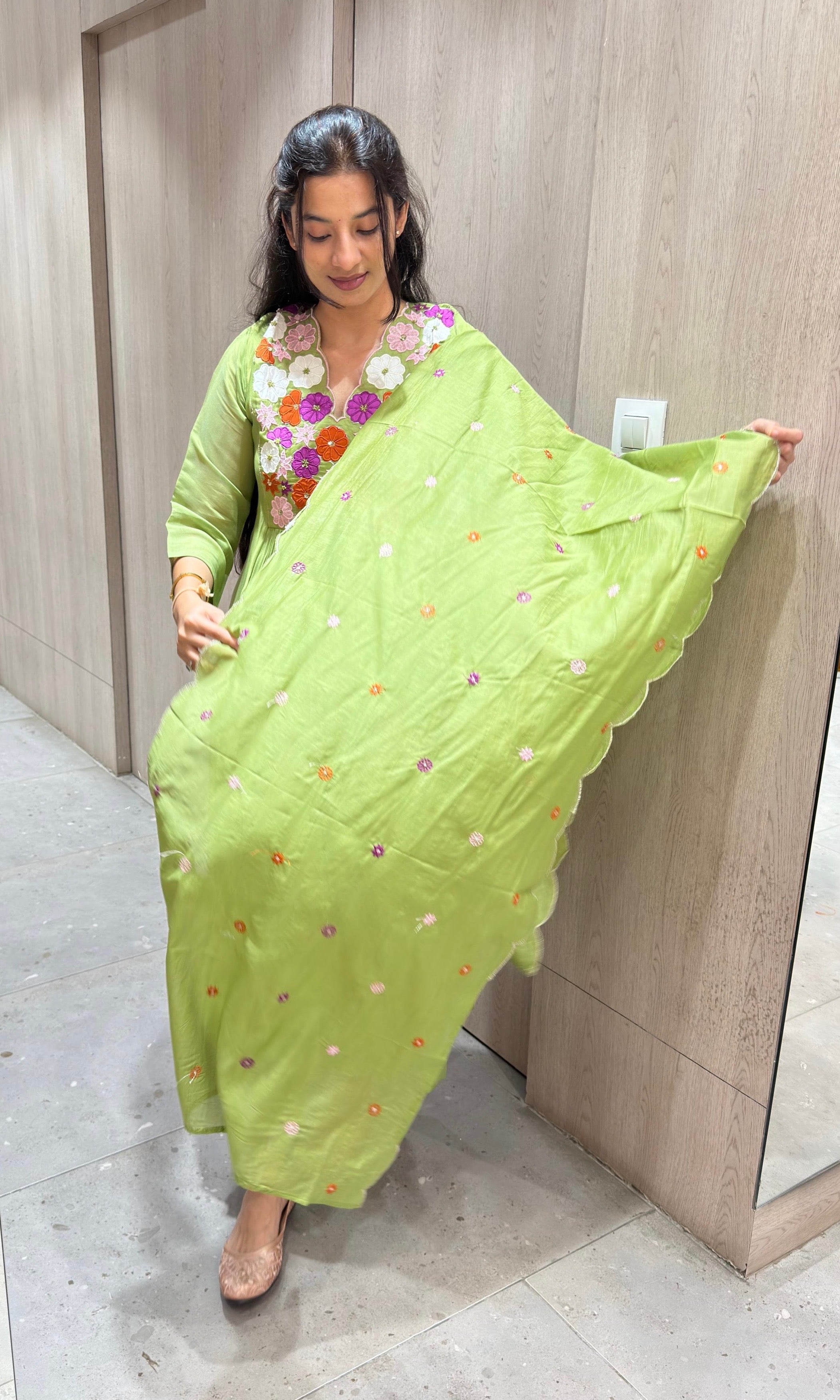 Green Floral MUL CHANDERI KURTA SET