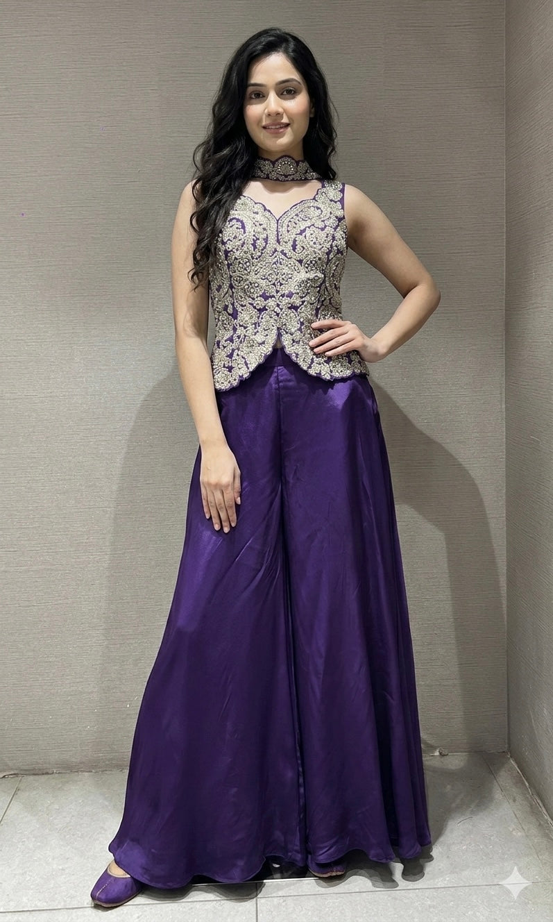 PURPLE EMBROIDERED PEPLUM PALAZZO SET