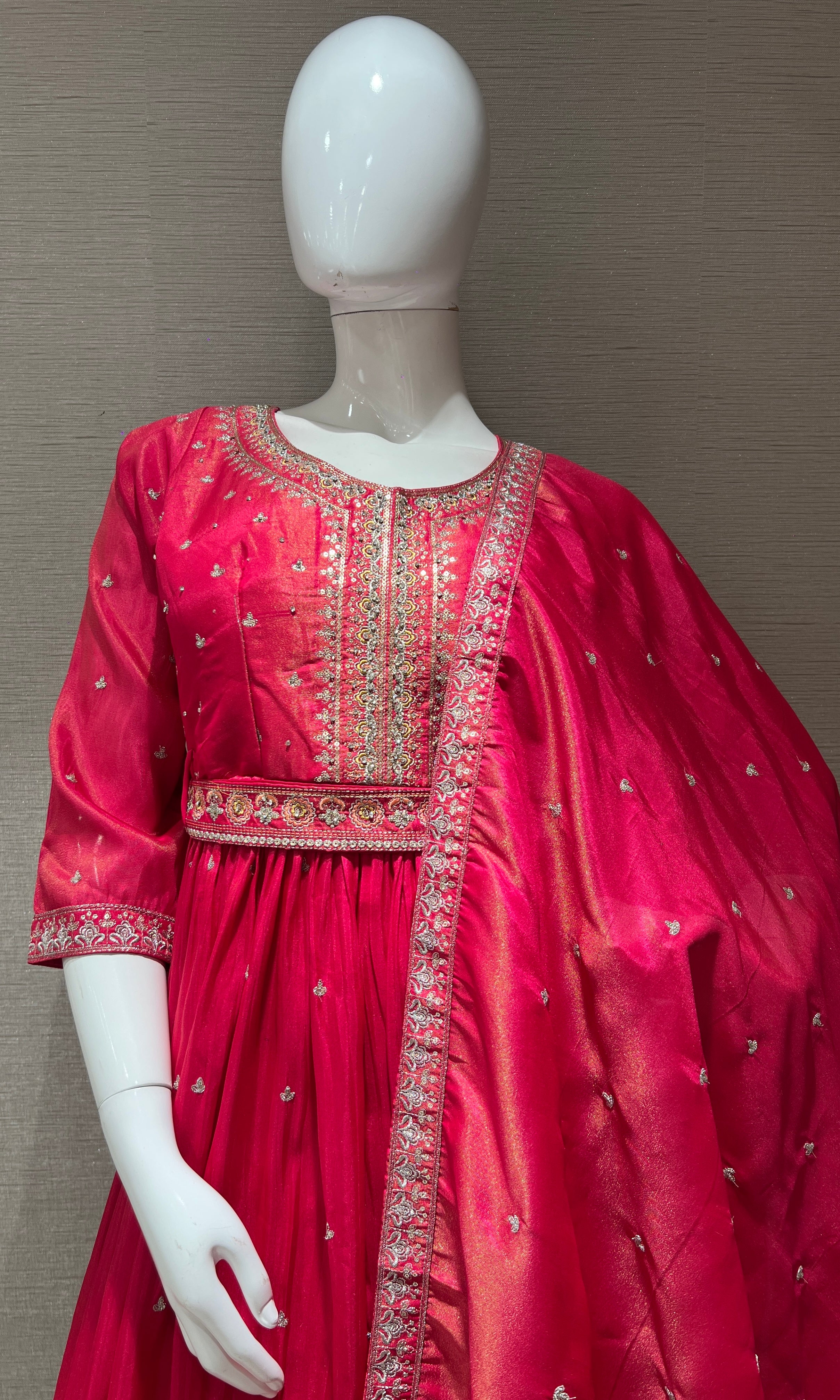 pink long anarkali with stones embroidered