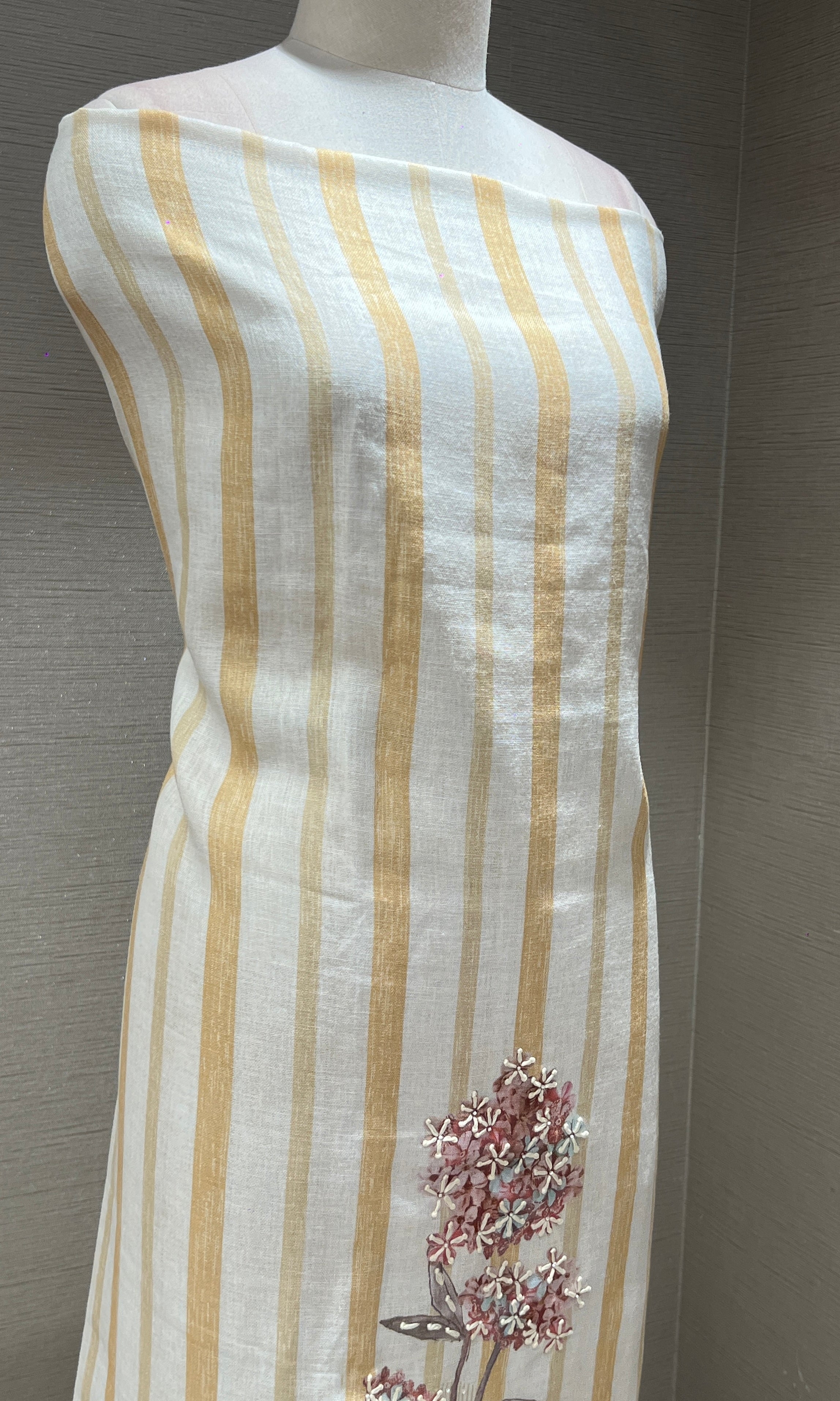 light yellow Striped Floral dress material