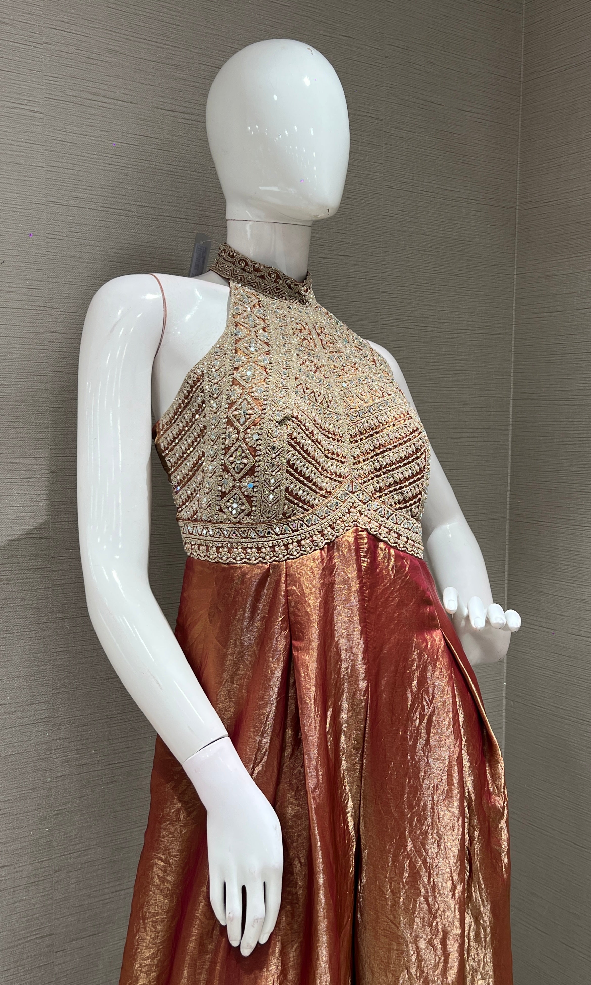 RUST EMBROIDERED HALTER NECK JUMPSUIT
