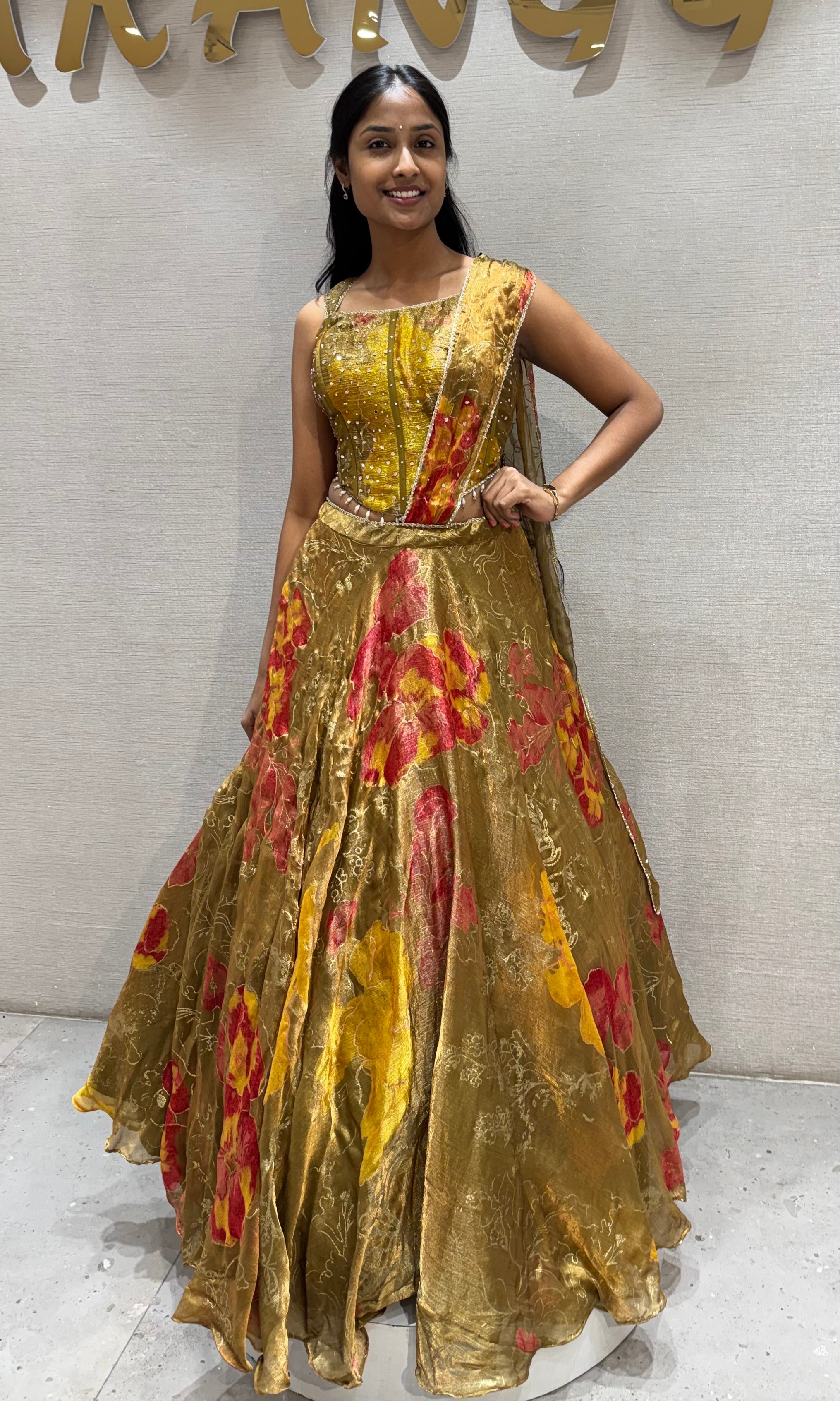 Golden Green Shimmering Organza Lehenga set