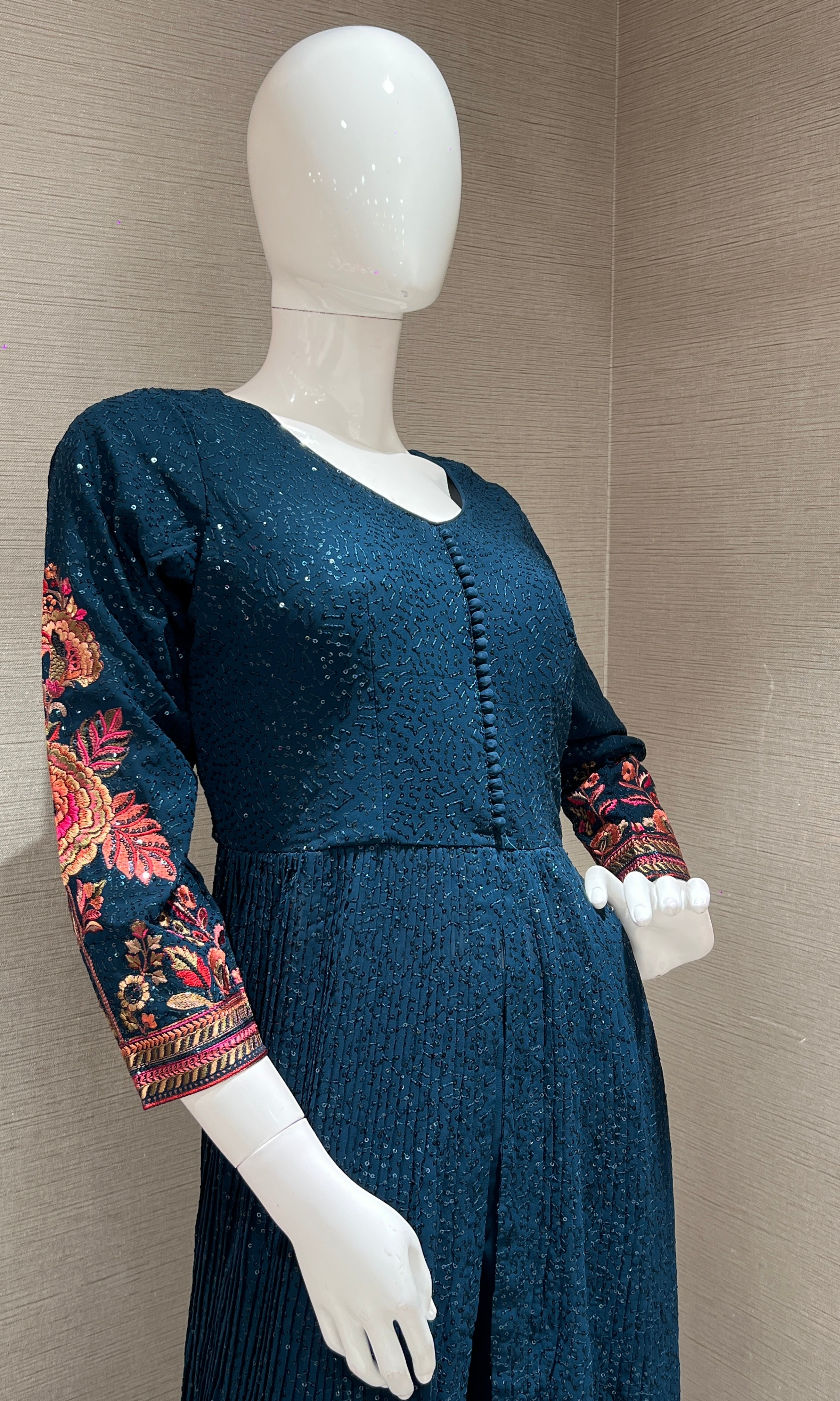 Blue Floral Anarkali With Palazoo Pants