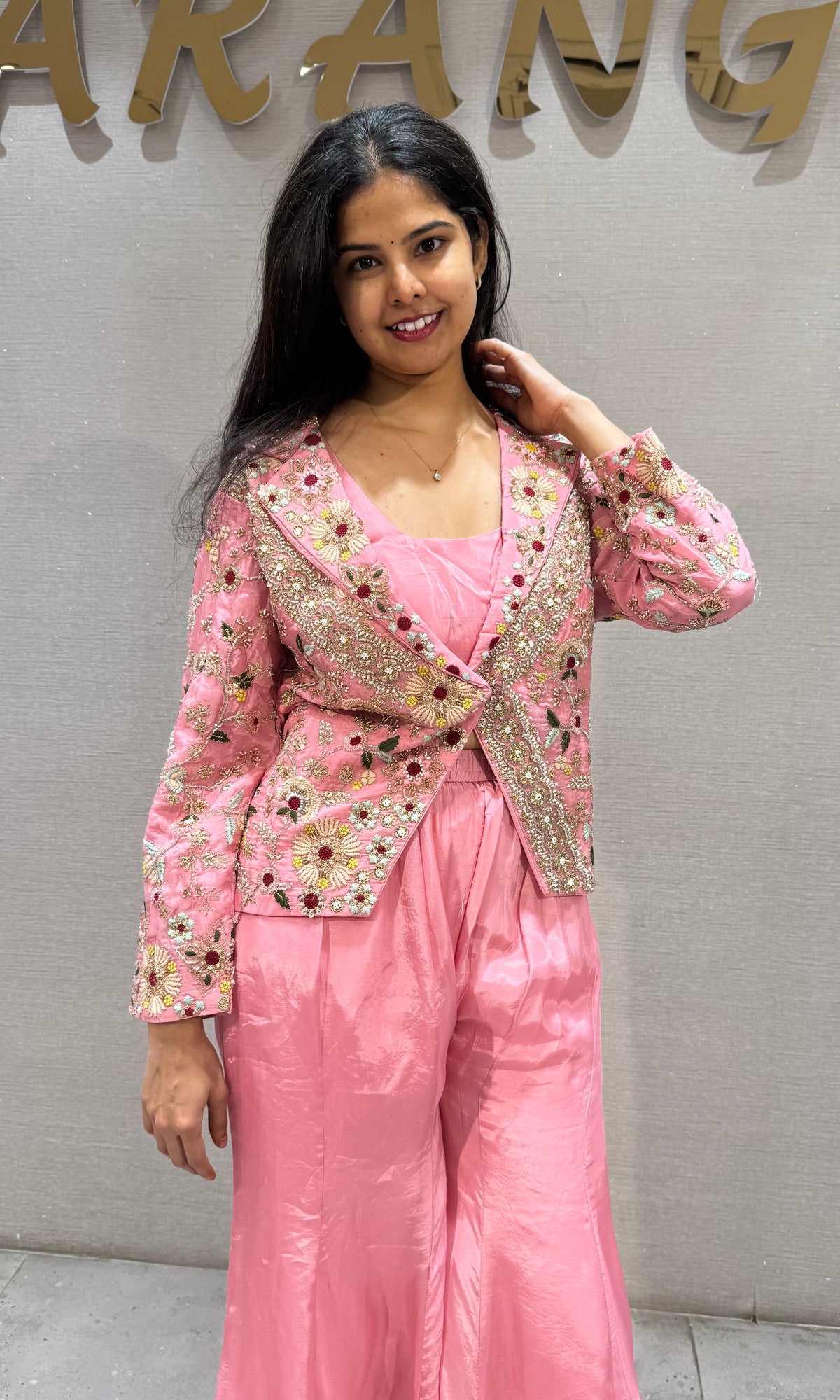 Baby Pink Silk Floral Jacket with Palazzo pants