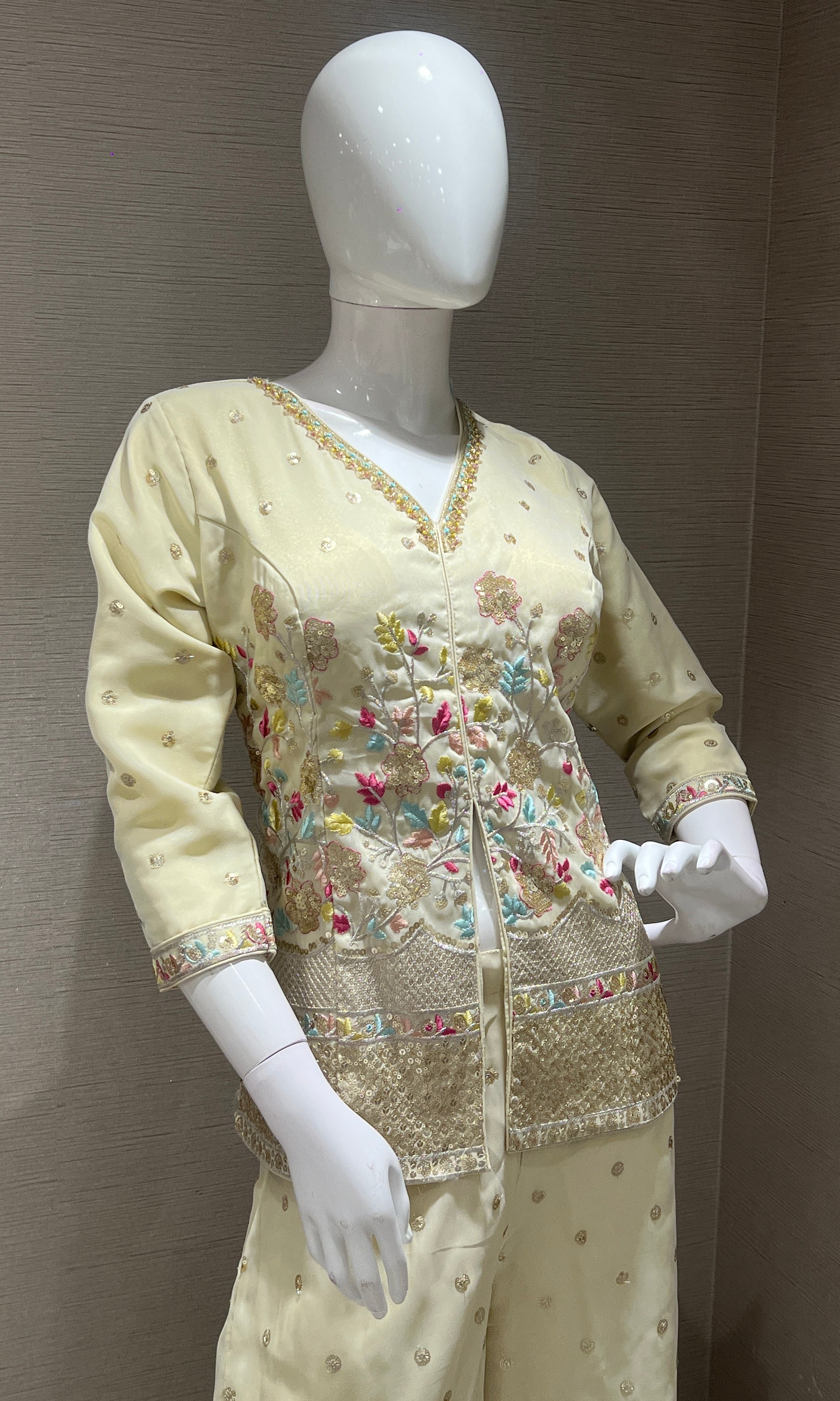 Off white Floral Embroidered Palazzo set