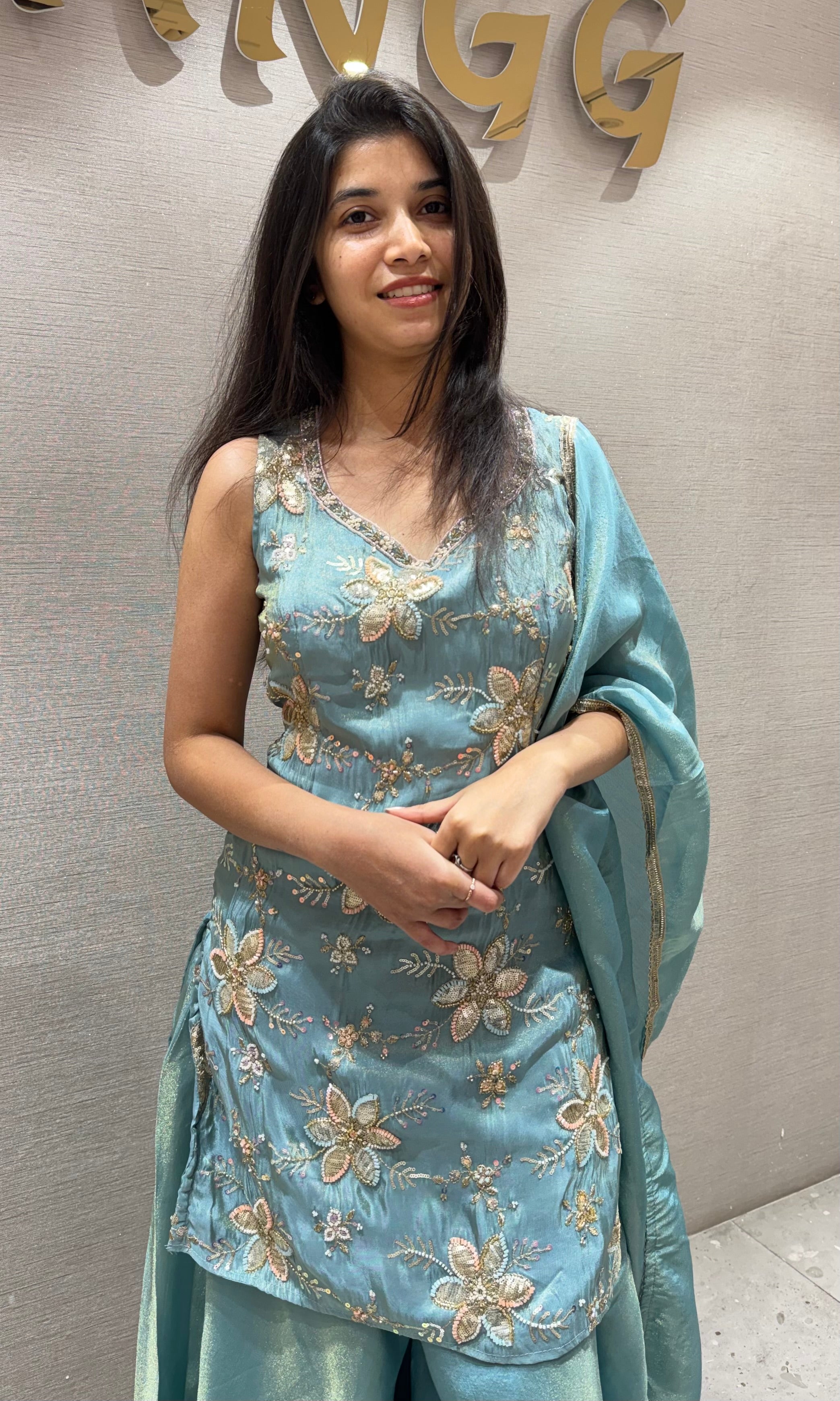 SEA Blue Tissue Floral Embroidery Sharara Set