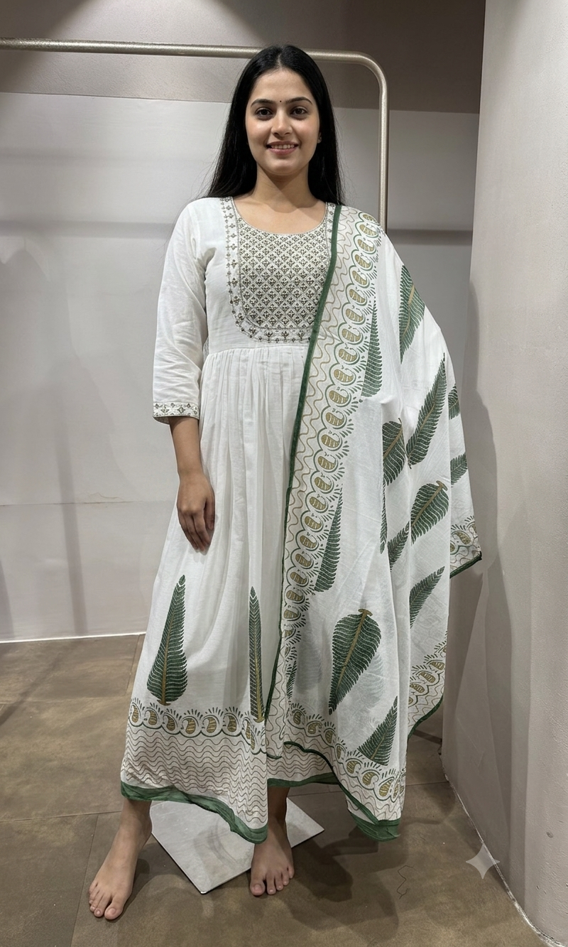 Green Floral Embroidered Kurta with Dupatta