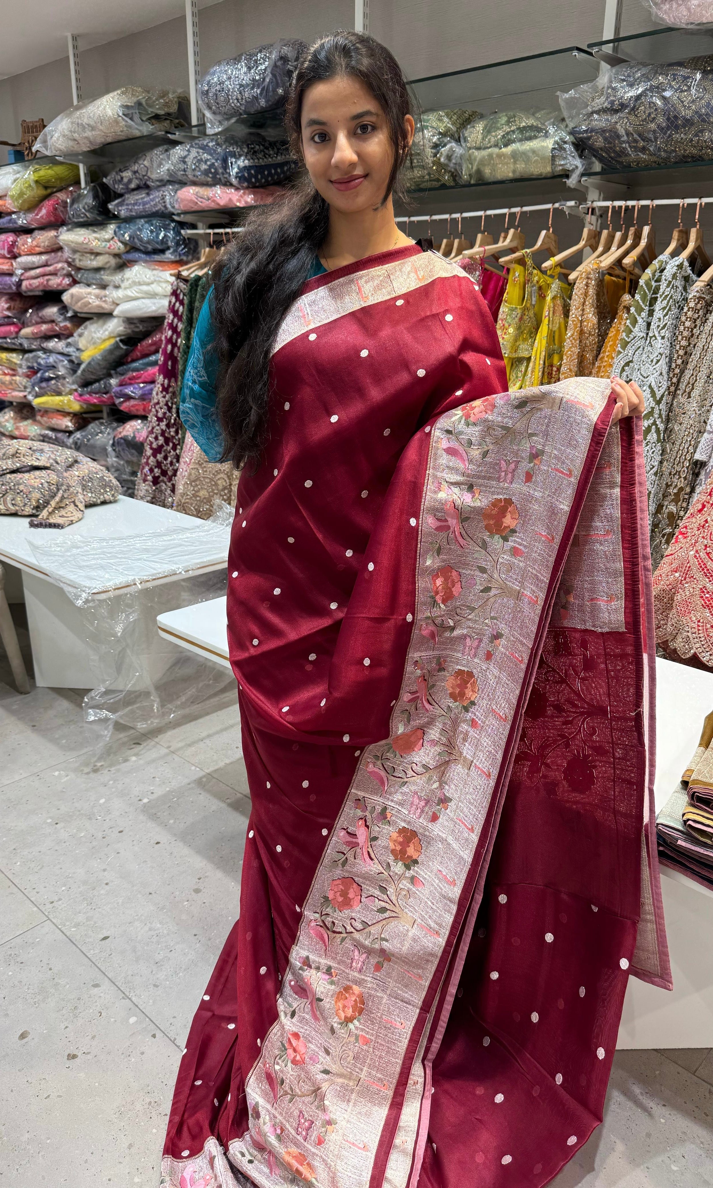 Maroon Soft tissue sarees with paithani embroidery with buta design