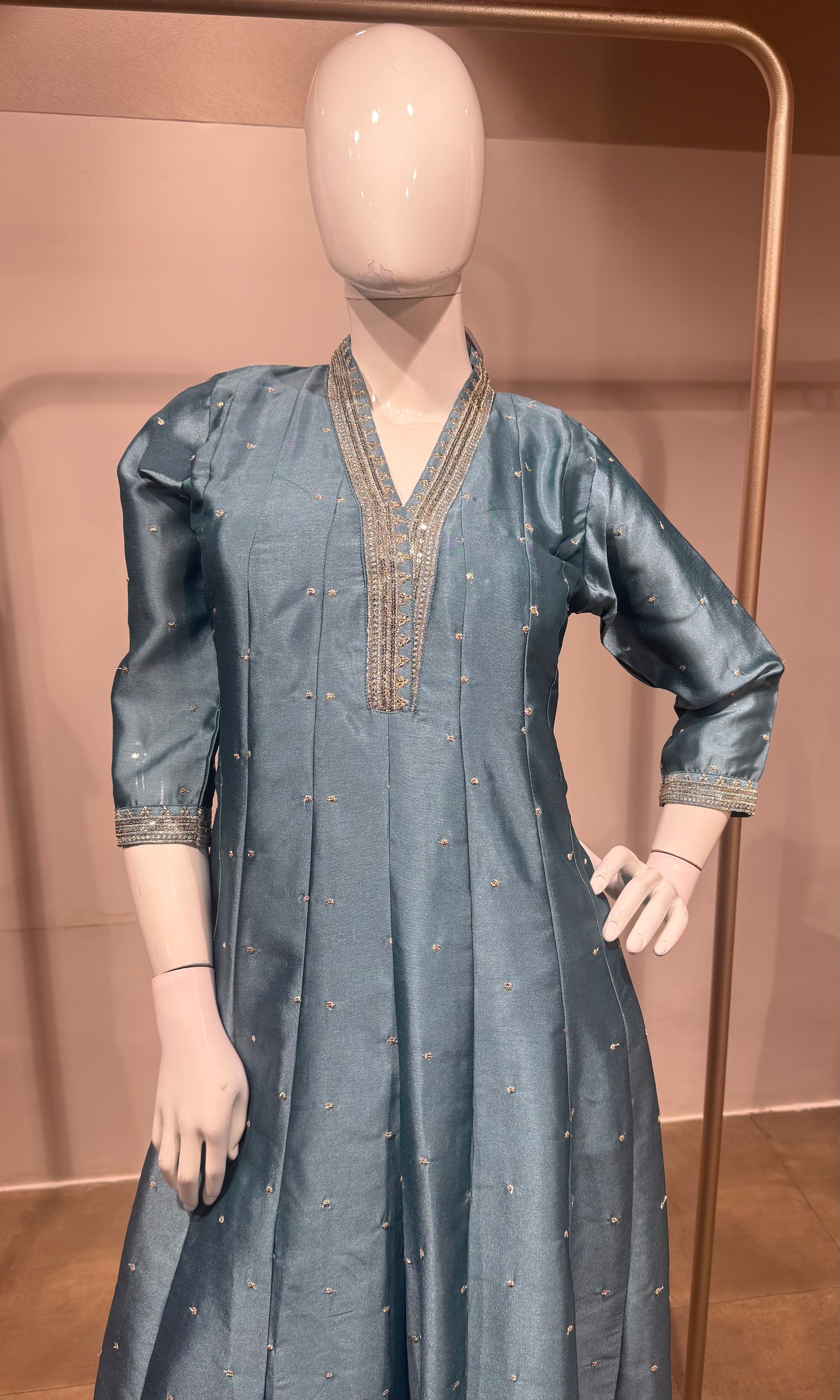 Blue silk golden embroidered anarkali set