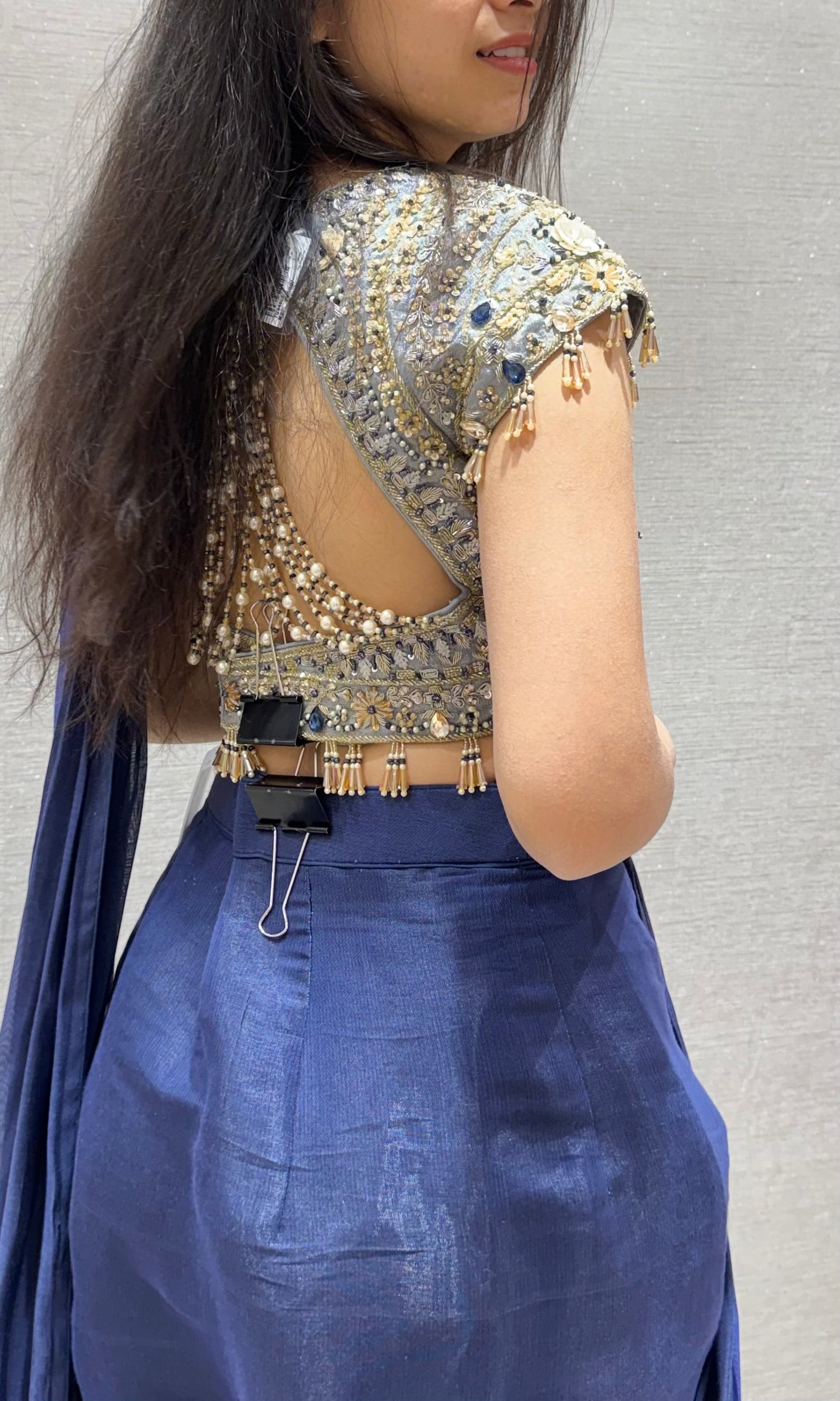 Blue Drape Saree with floral blouse