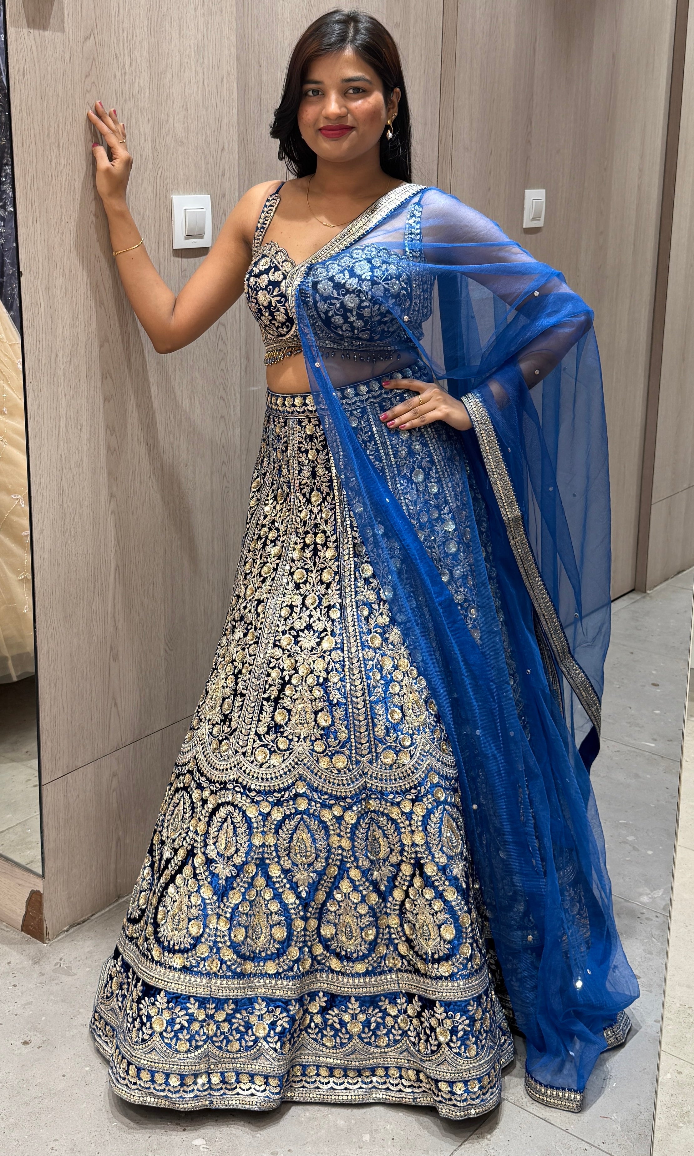 Blue velvet designer lehenga