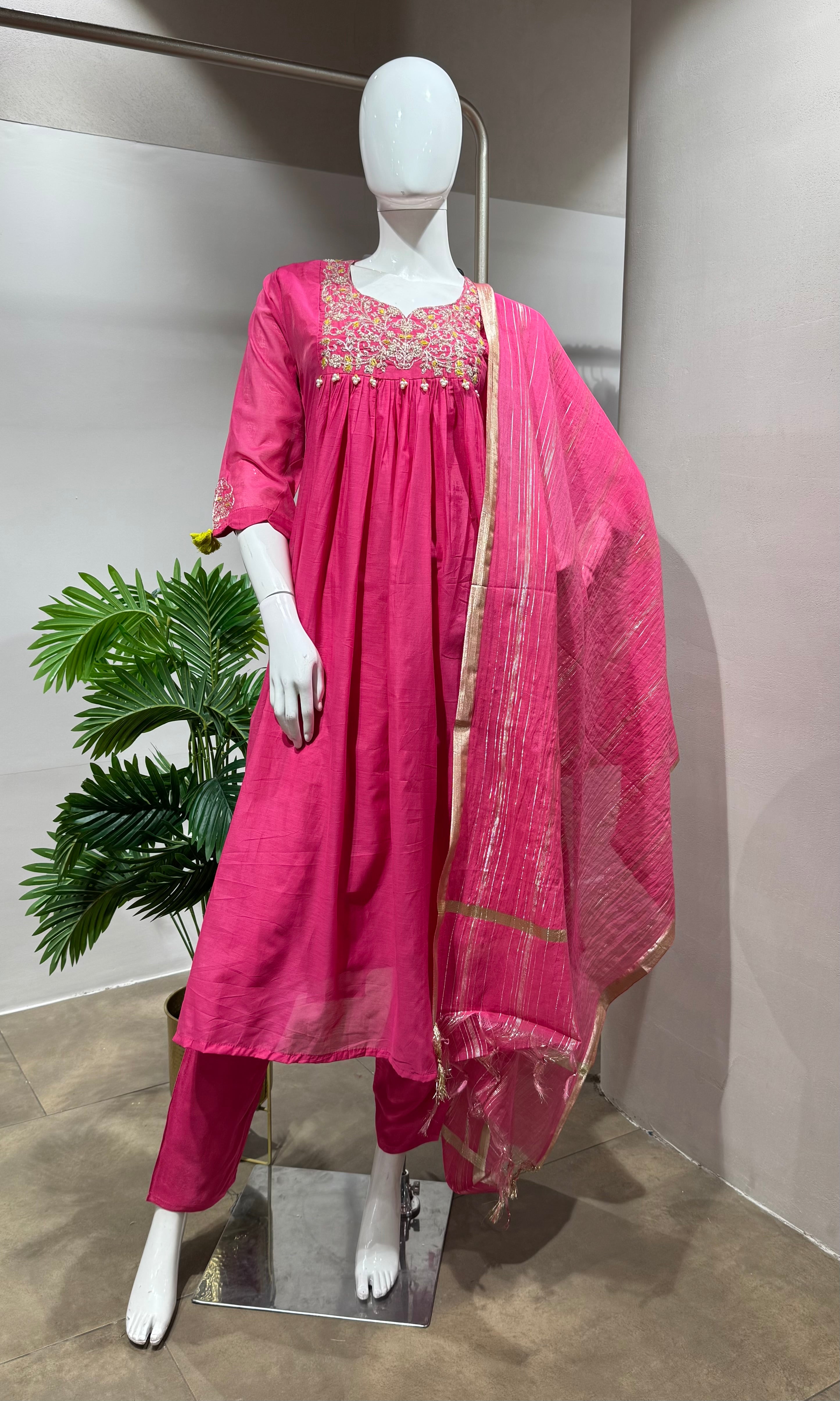 RANI Floral Embroidered Flared Suit with Dupatta