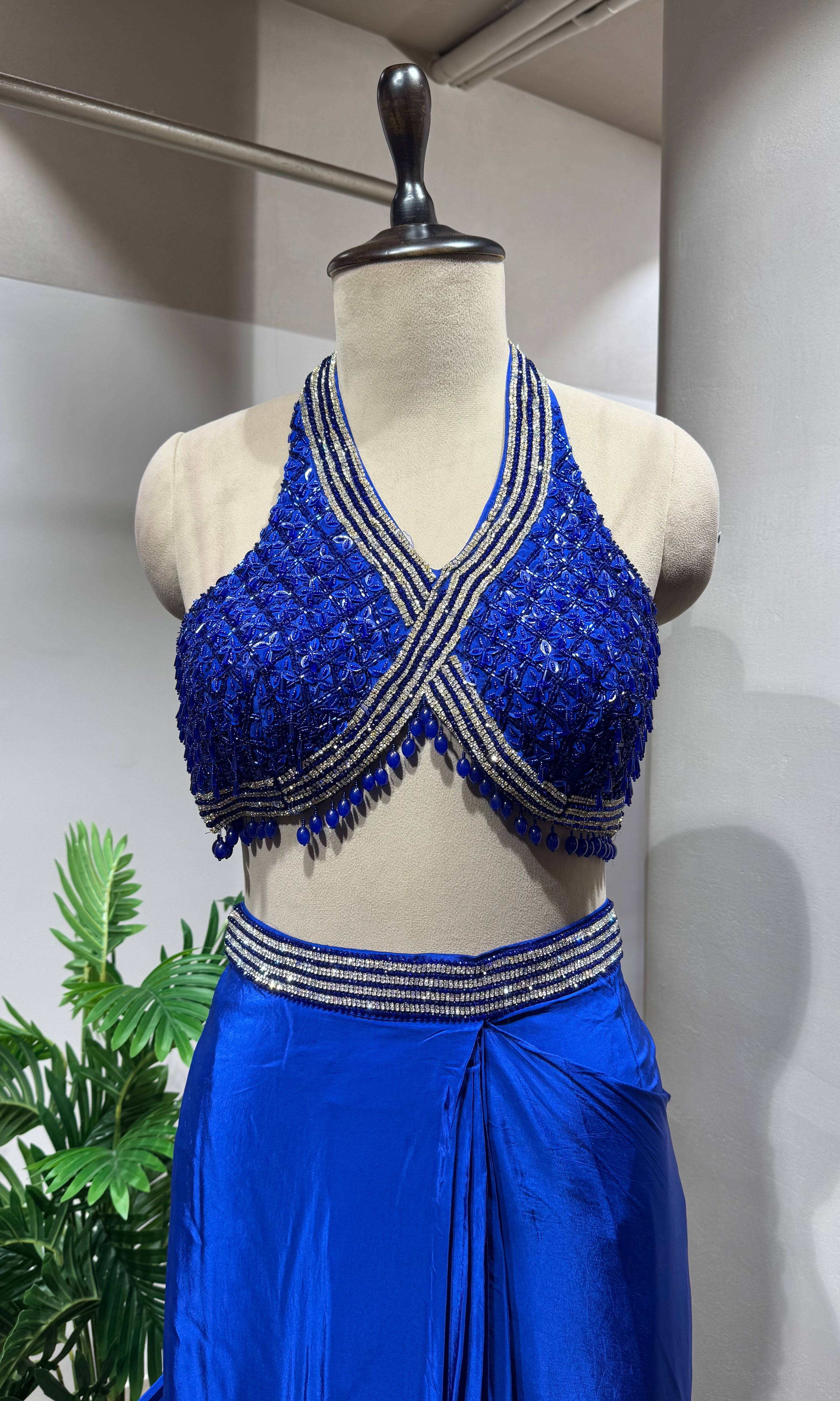 Blue Draped Saree with Sequin Embroidered Blouse