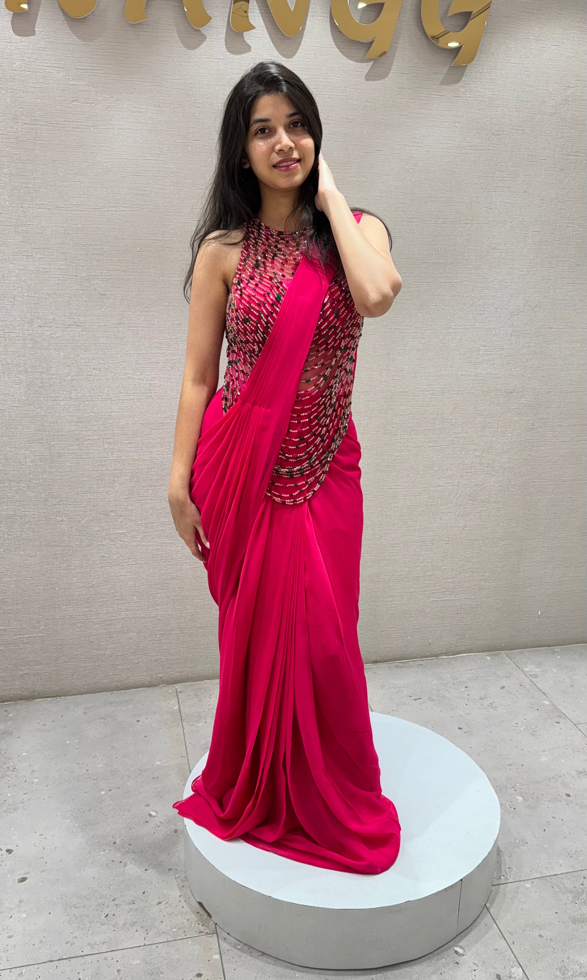 Pink DRAPE SAREE WITH HALTER BLOUSE