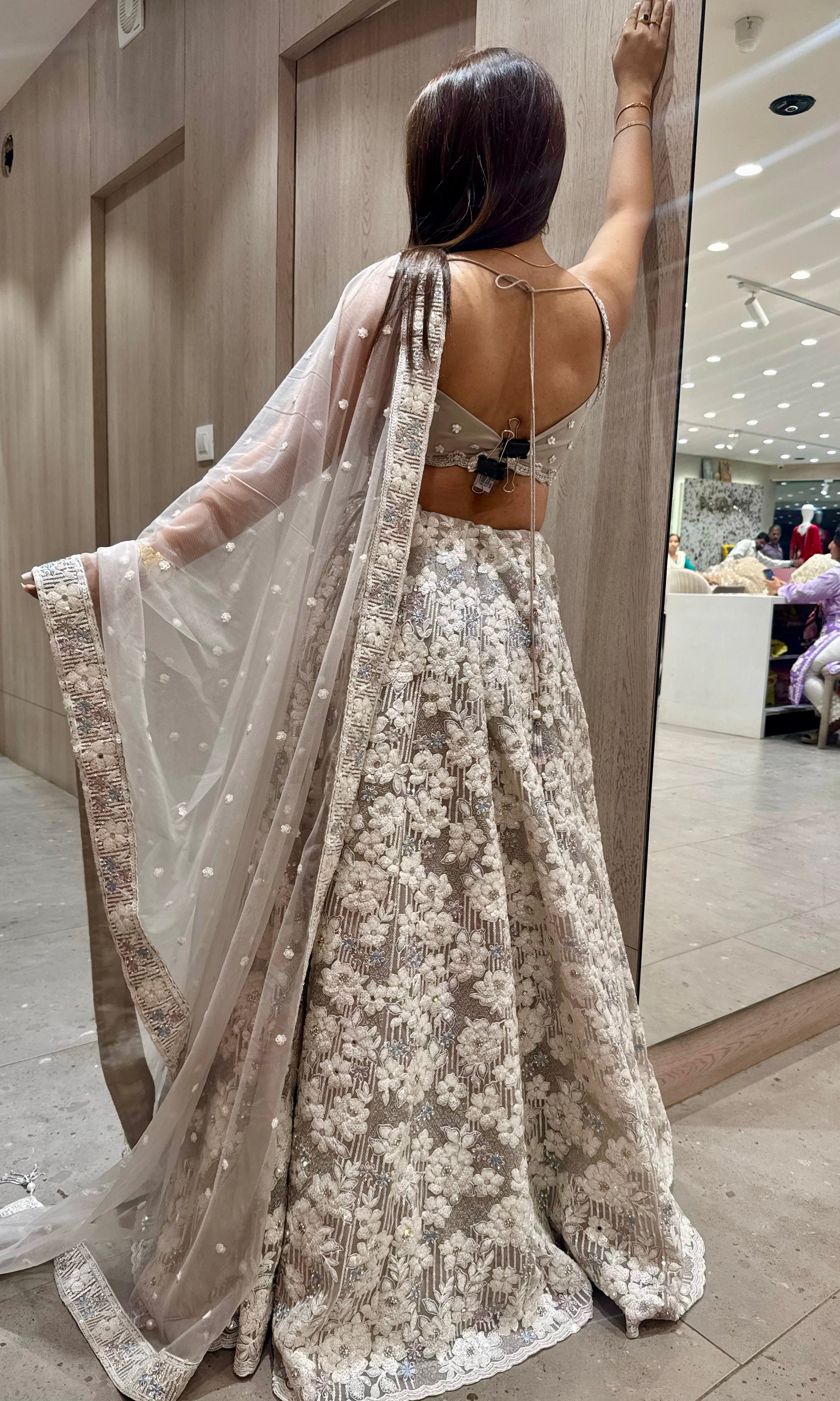 Grey Floral Lehenga with Intricate Parsi Work