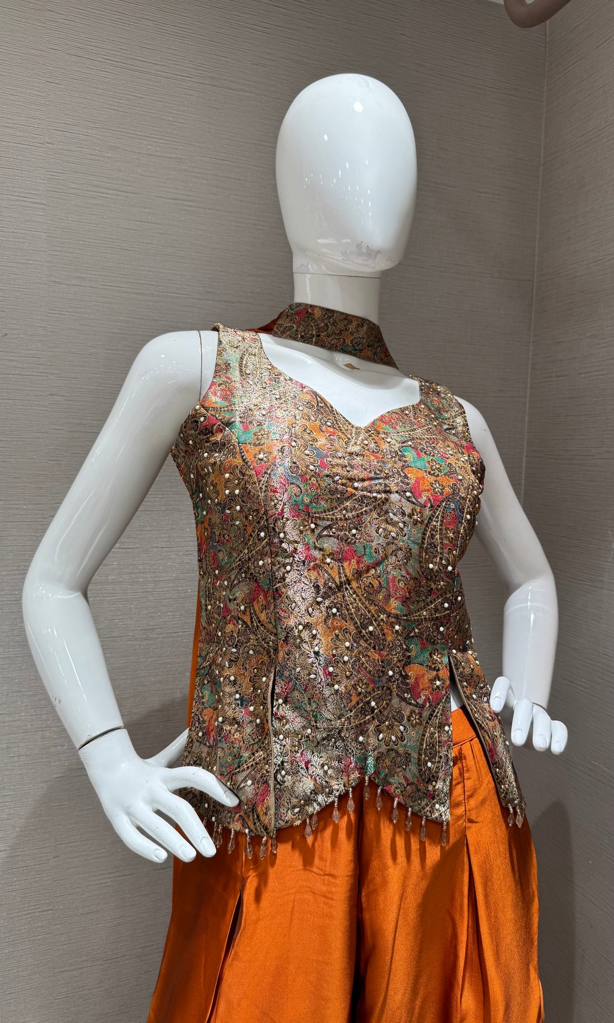 RUST Orange Silk Embroidered peplum palazzo set