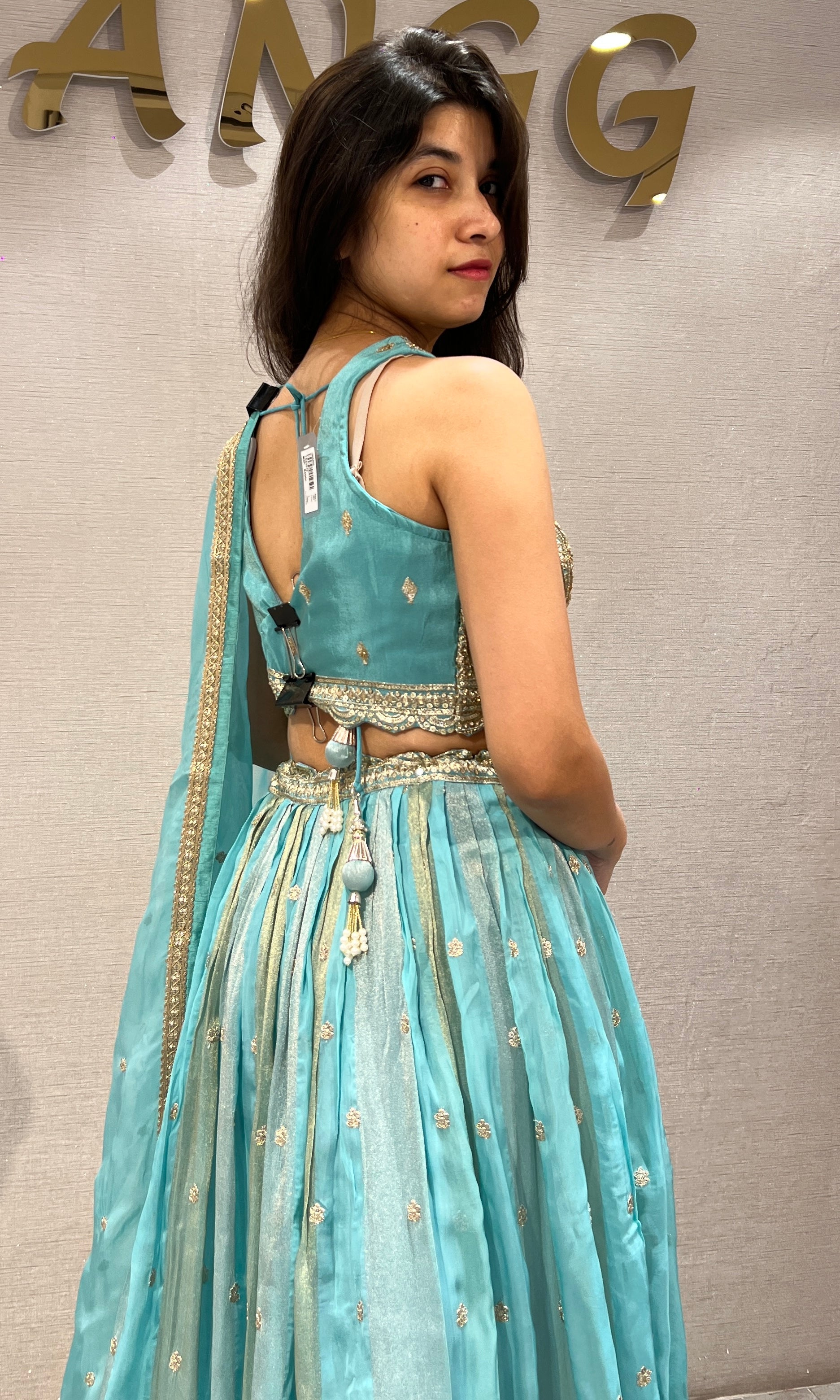 Sea Blue & Metallic Gold Embroidered Lehenga