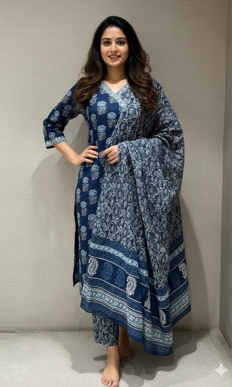 Navy blue FLORAL MOTIF kurta set