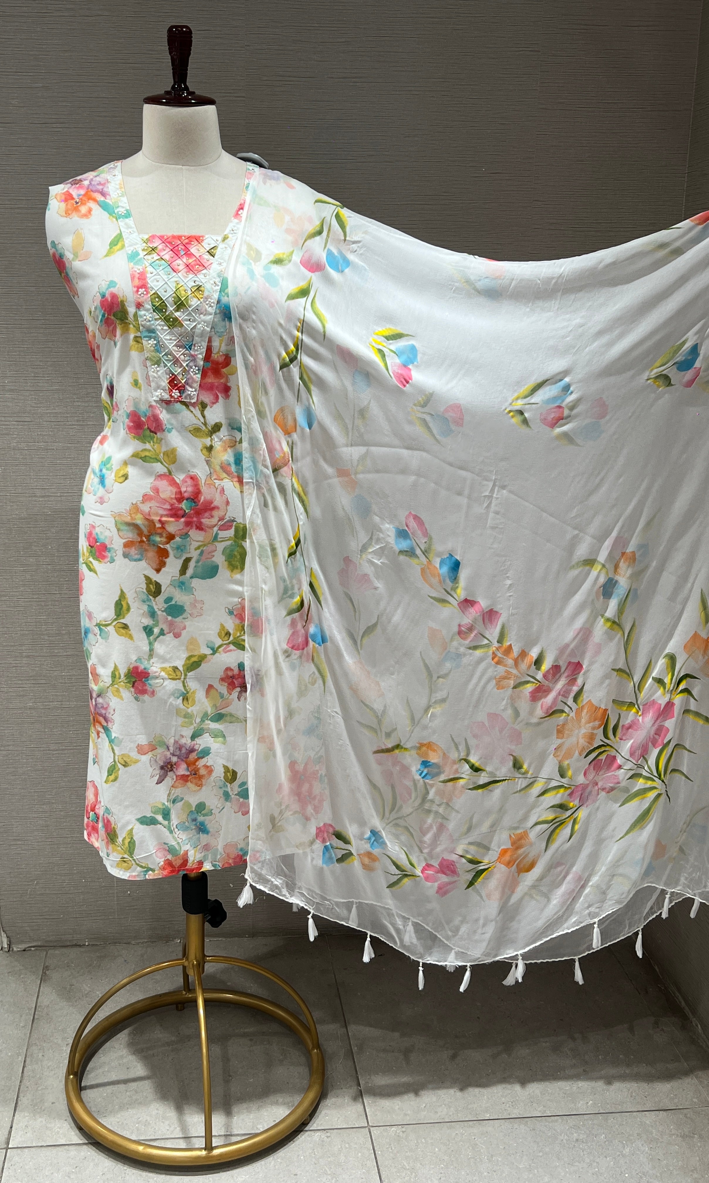 Multi colour floral embroidered dress material