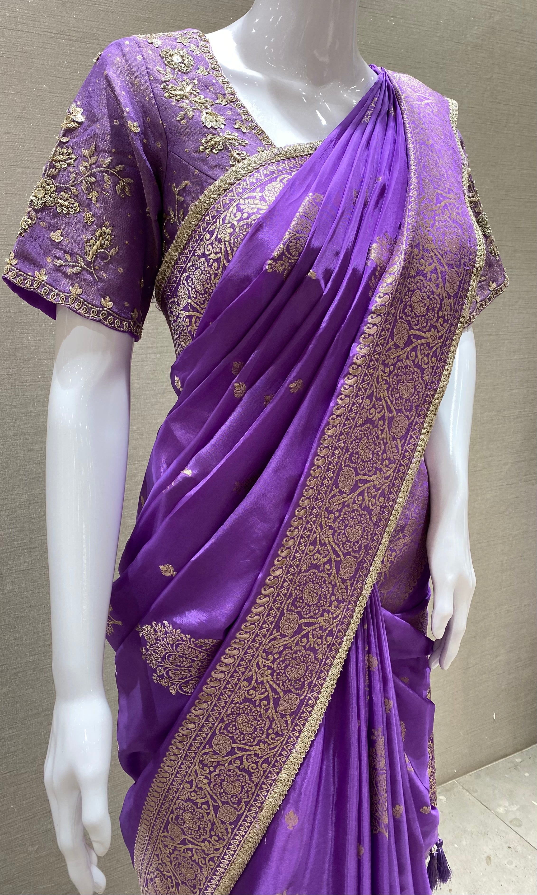 Lavender banarasi saree with ready blouse
