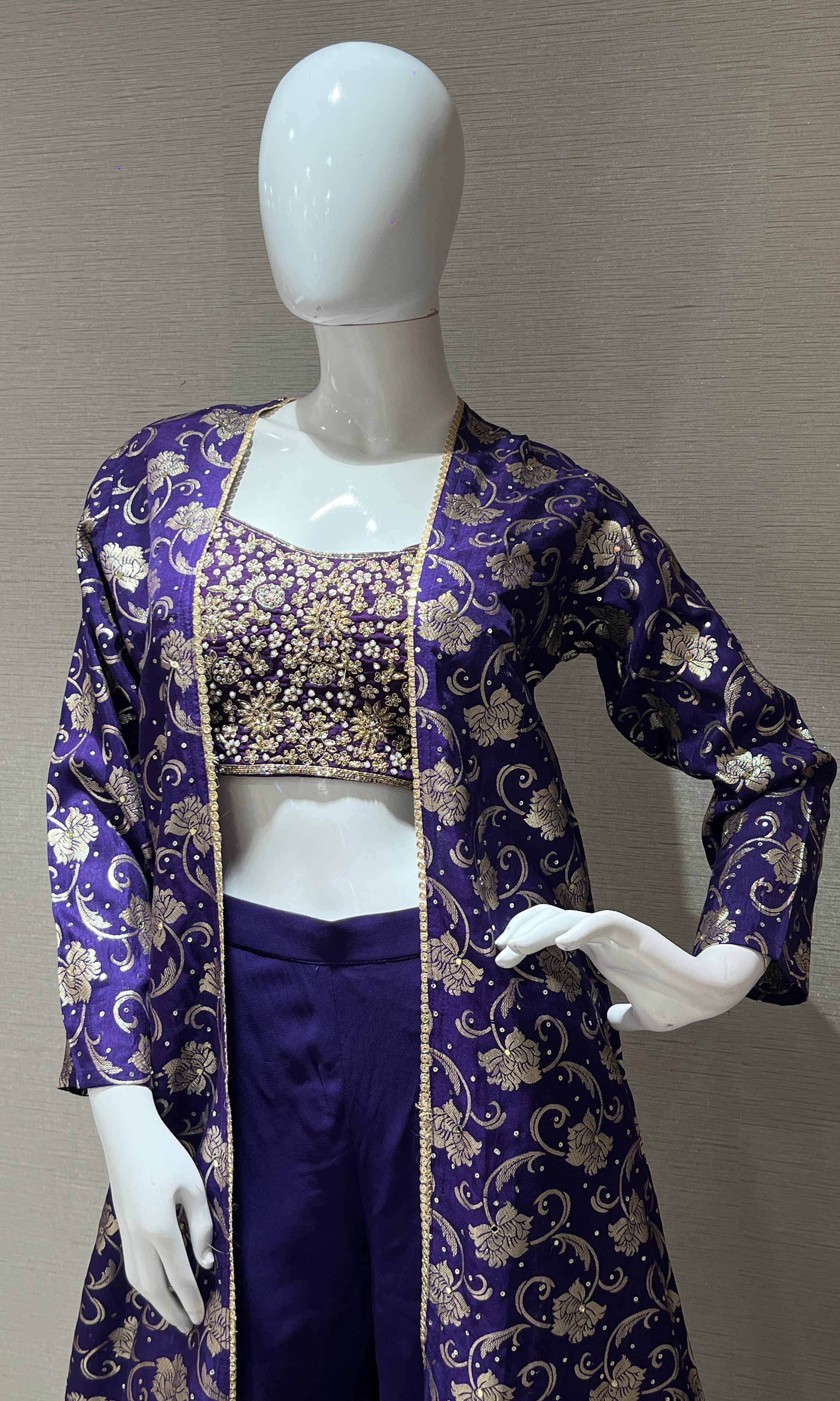 Purple Embroidered Palazzo with long jacket