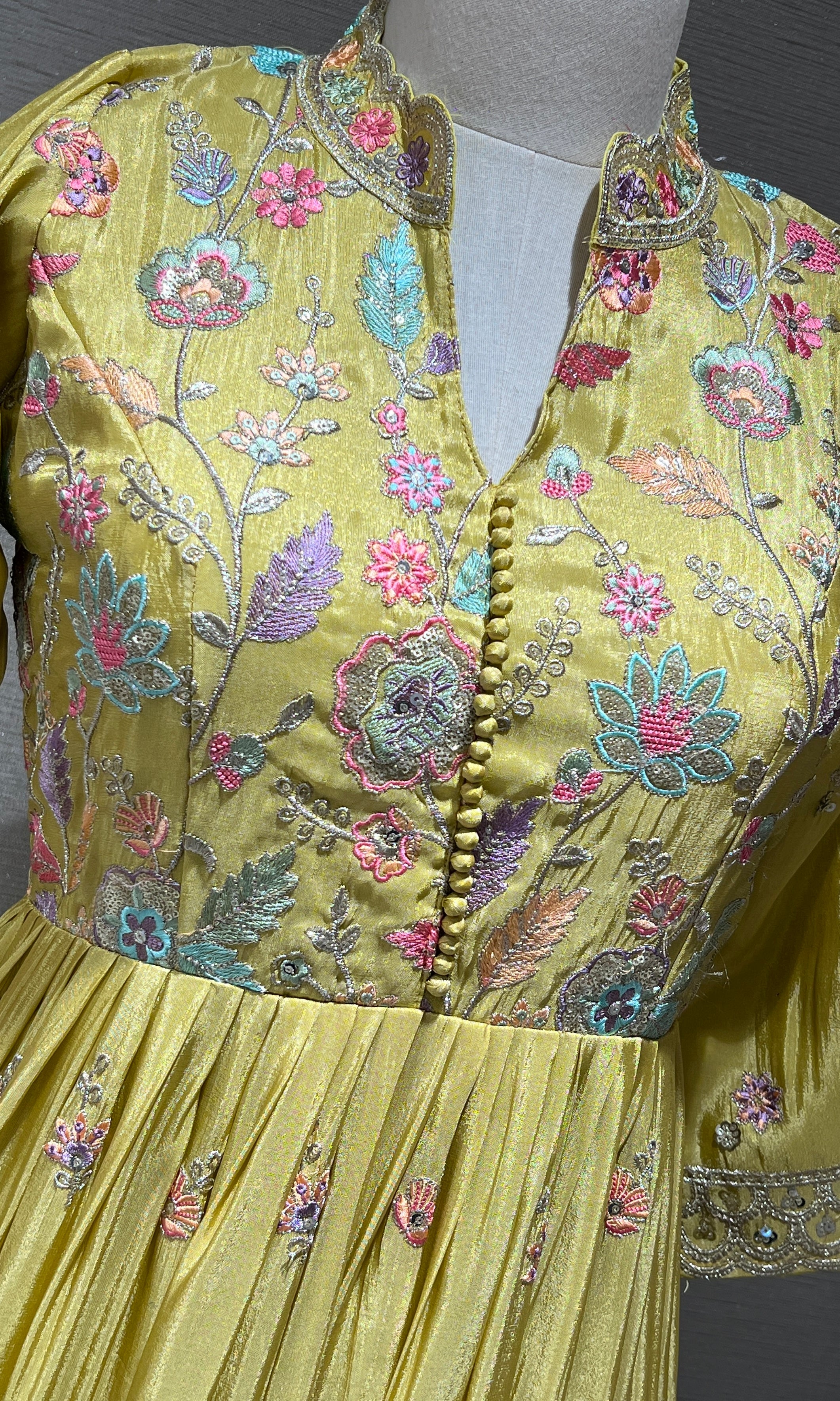 Light Yellow Anarkali Long Gown with Multicolor Floral Embroidery