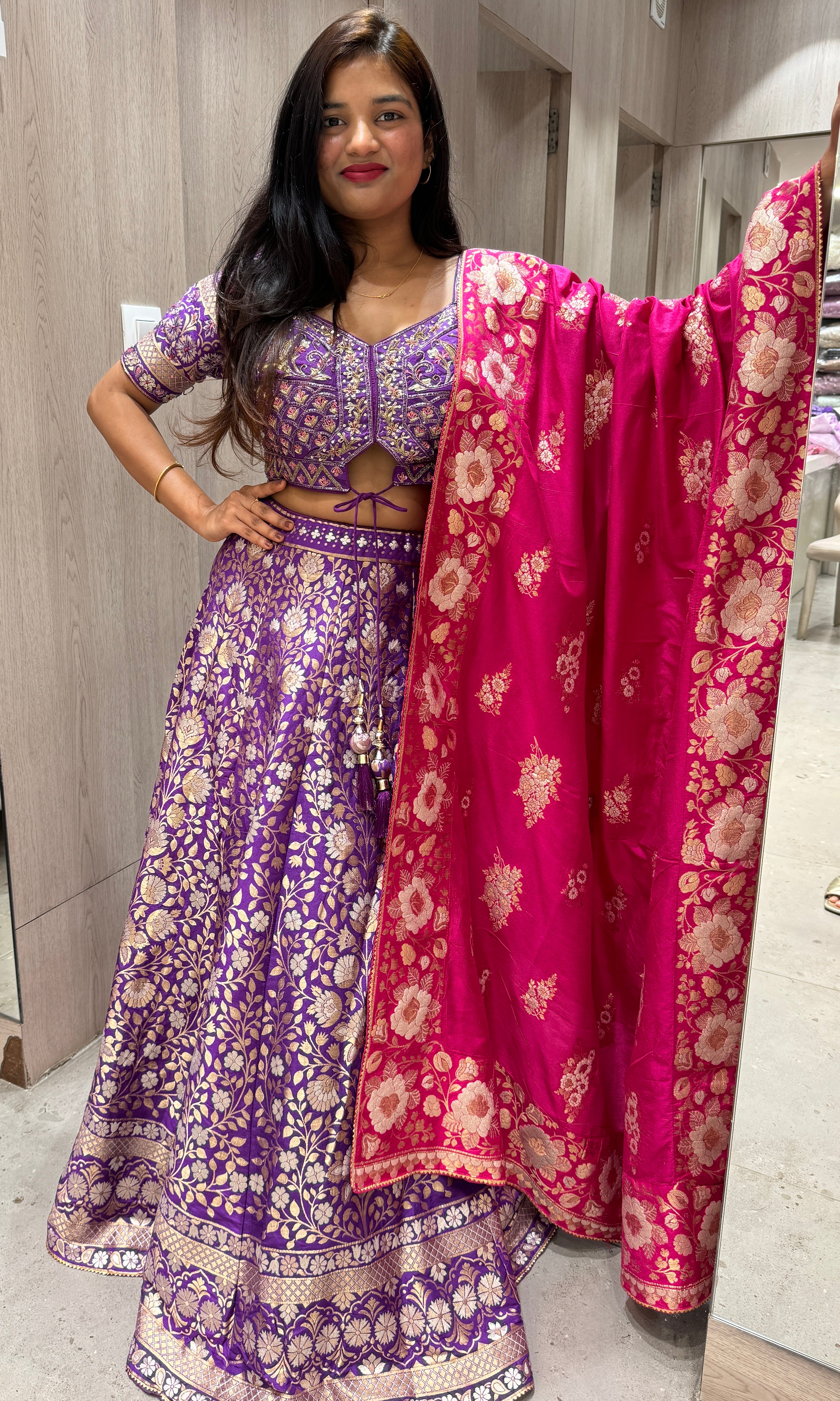 Purple Lehenga with pink Banarasi dupatta